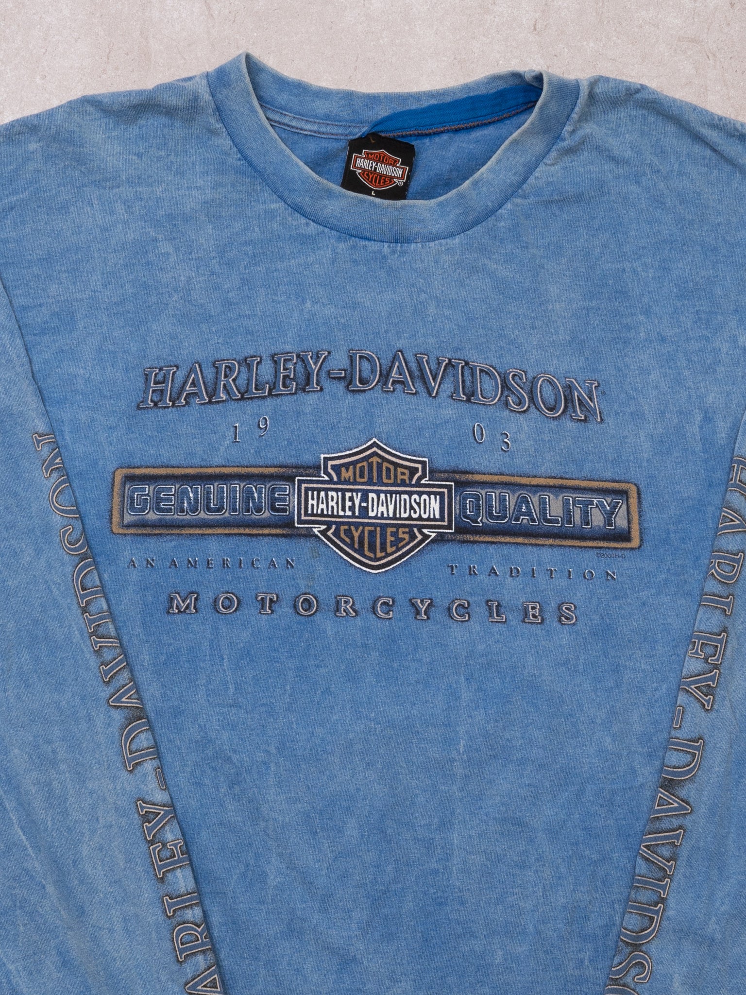 Vintage '00 Light Blue Harley Davidson Thunder Bay Long Sleeve (L) - Image 2