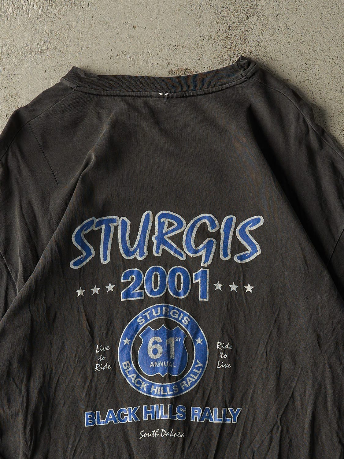 Vintage 01' Faded Black Sturgis Biker Tee (L/XL) - Image 4