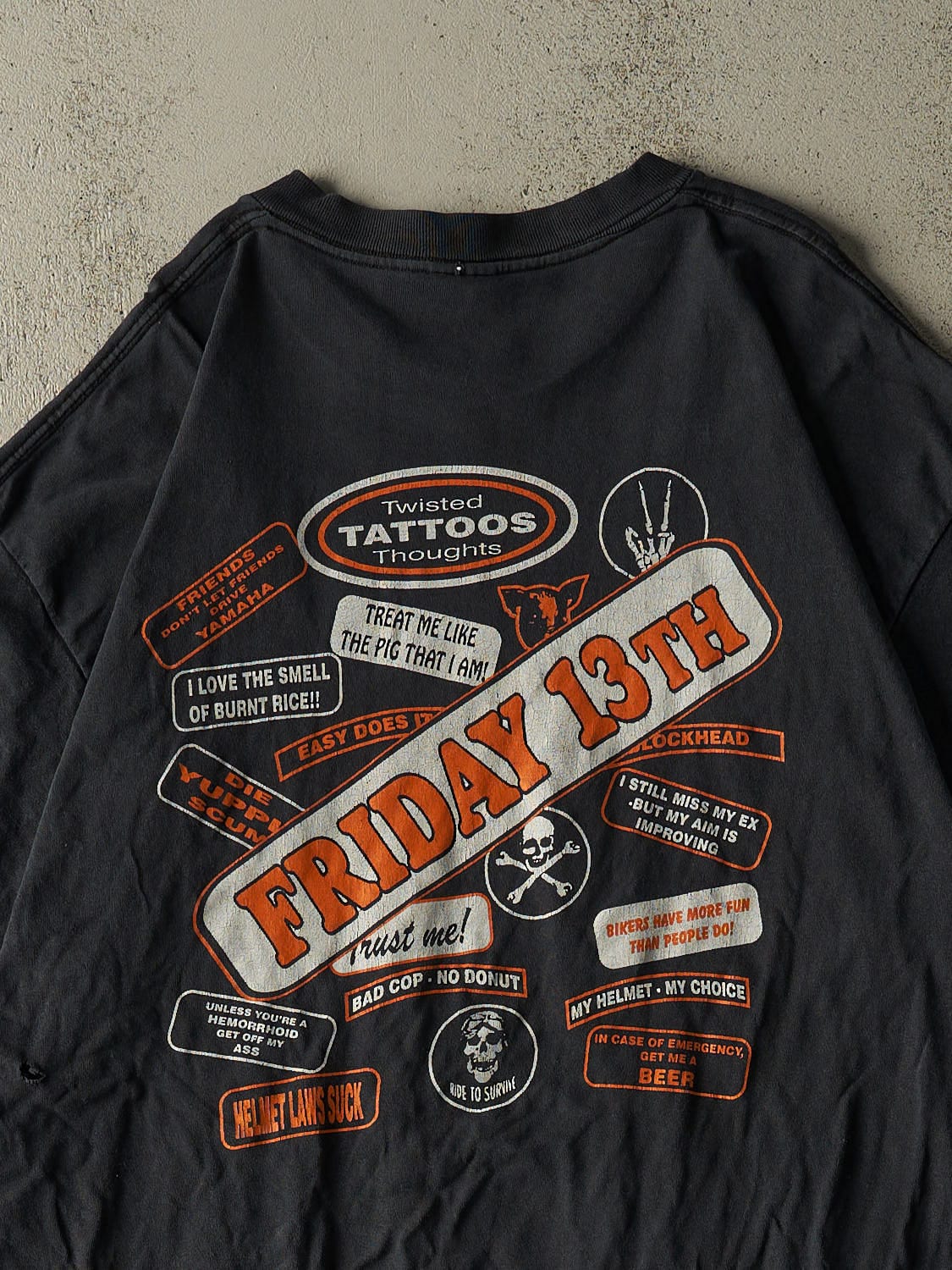 Vintage 02' Faded Black Port Dover Friday the 13th Biker Tee (XXL) - Image 4