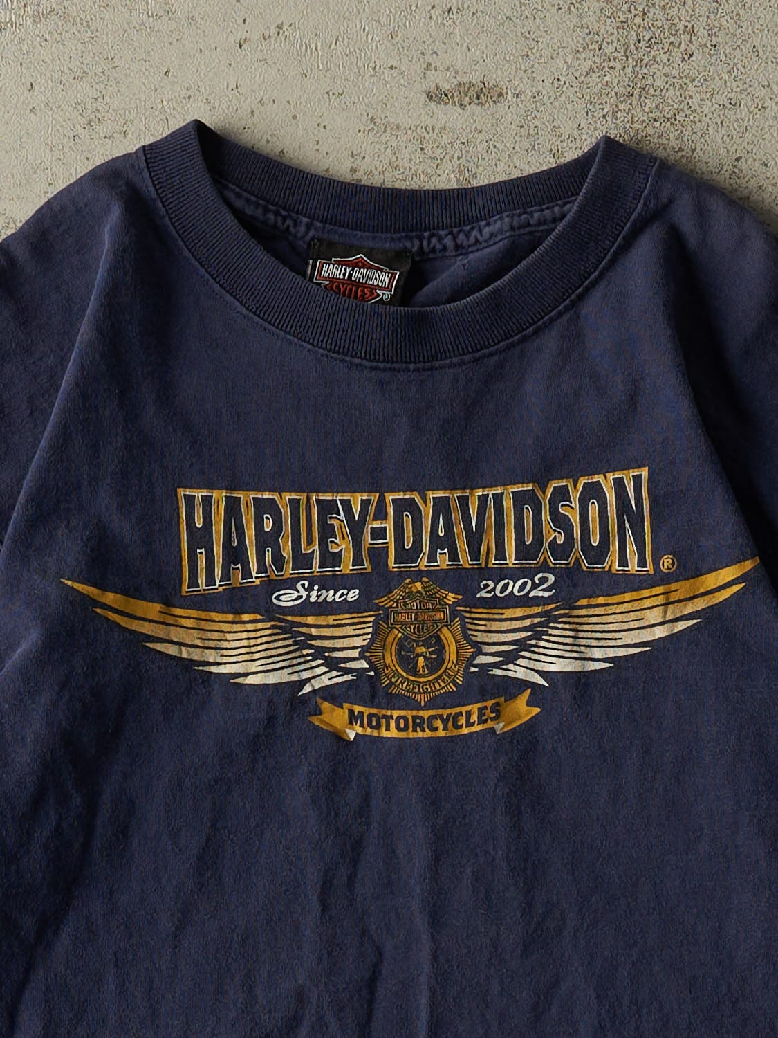 Vintage 02' Navy Blue Harley Davidson Firefighter Tee (S/M) - Image 2