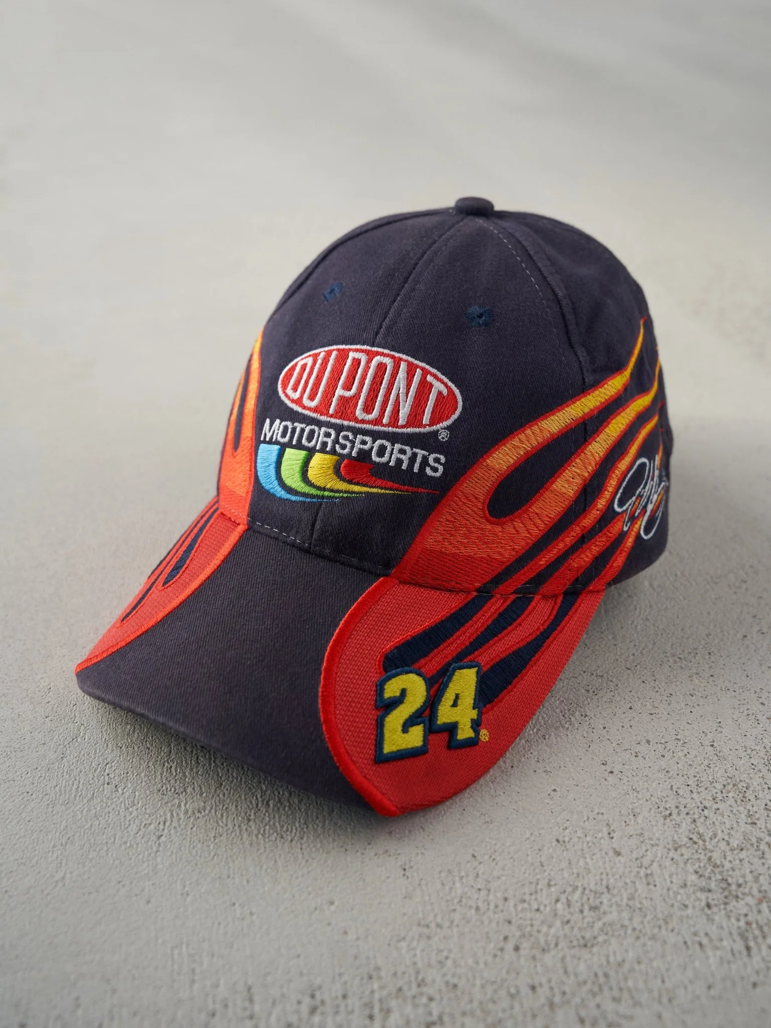 Vintage 02' Navy Du Pont Jeff Gordon Nascar Flames Embroidered Velcro Hat - Image 2