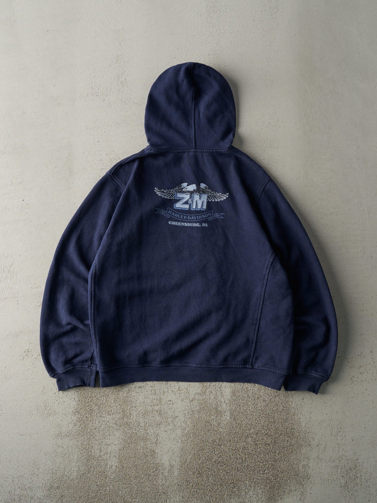 Vintage 06' Navy Blue Greensburg PA Harley Davidson Zip Up Hoodie (L) - Image 3