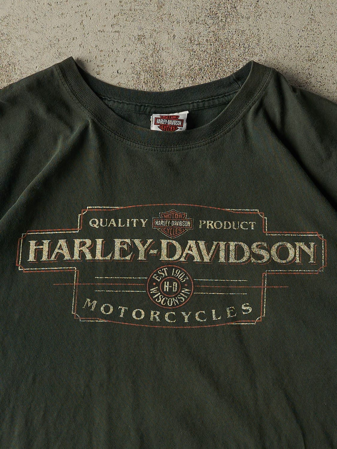 Vintage 10' Green Harley Davidson Motorcycles Columbus IN Tee (L/XL) - Image 3