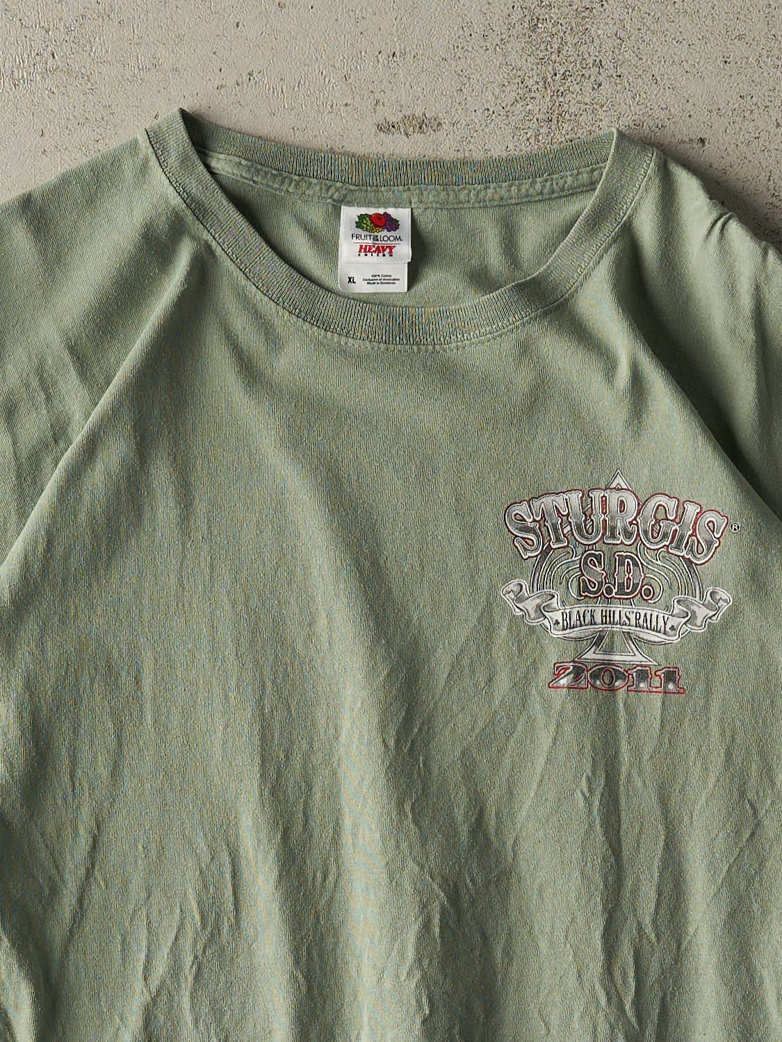 Vintage 11' Washed Green Sturgis Black Hills Rally Biker Tee (XL) - Image 3