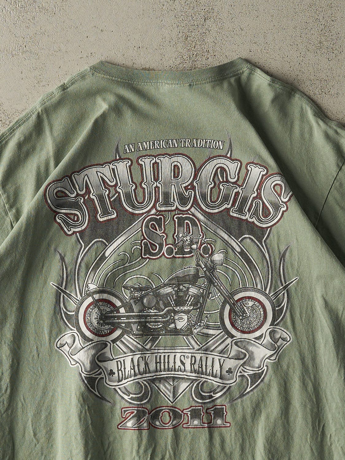 Vintage 11' Washed Green Sturgis Black Hills Rally Biker Tee (XL) - Image 4