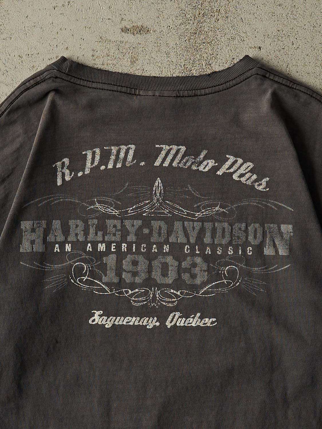 Vintage 12' Faded Black Harley Davidson Saguenay Quebec Tee (M/L) - Image 4