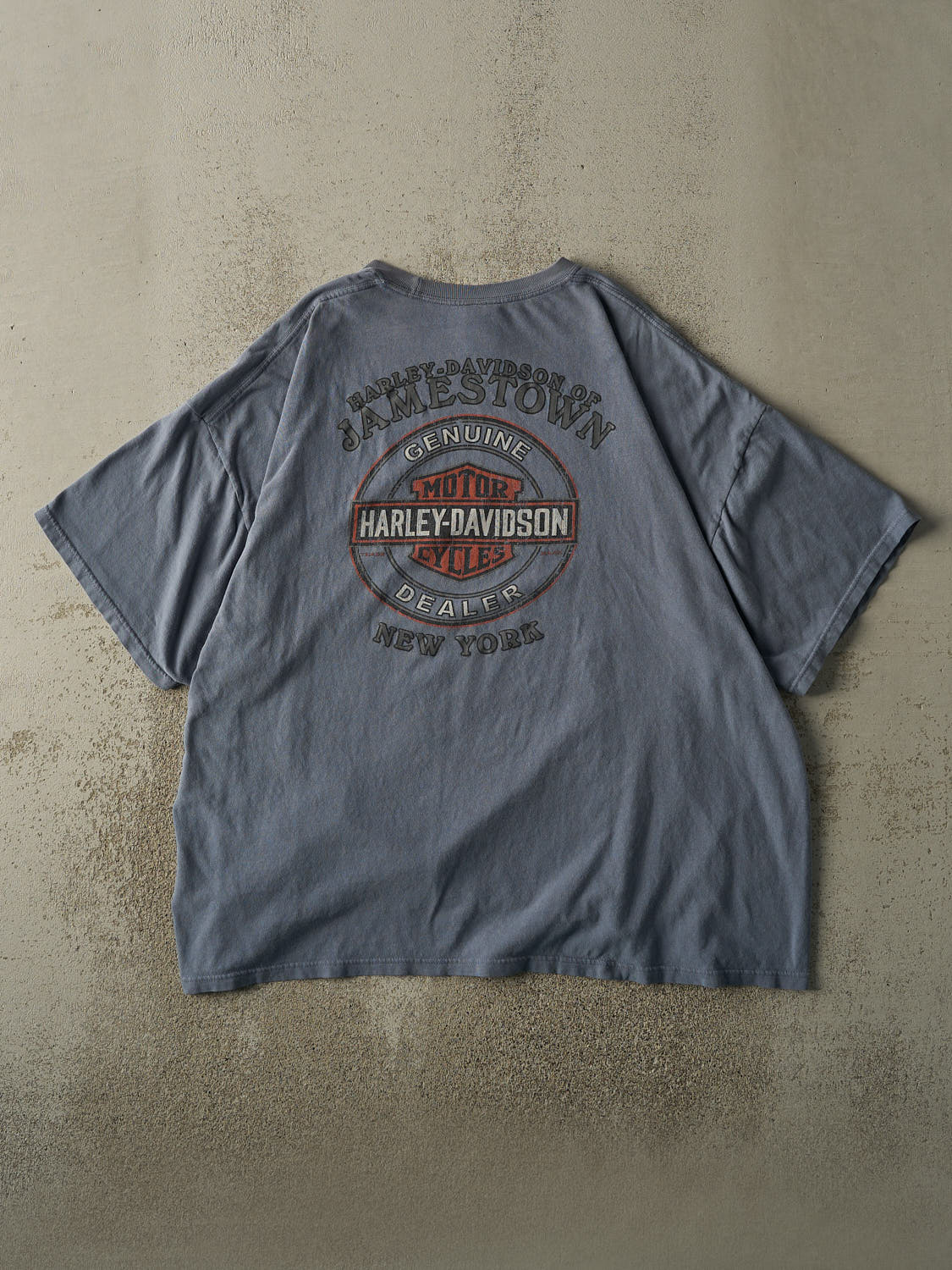 Vintage 13' Slate Blue Jamestown NY Harley Davidson Tee (XXL) - Image 2