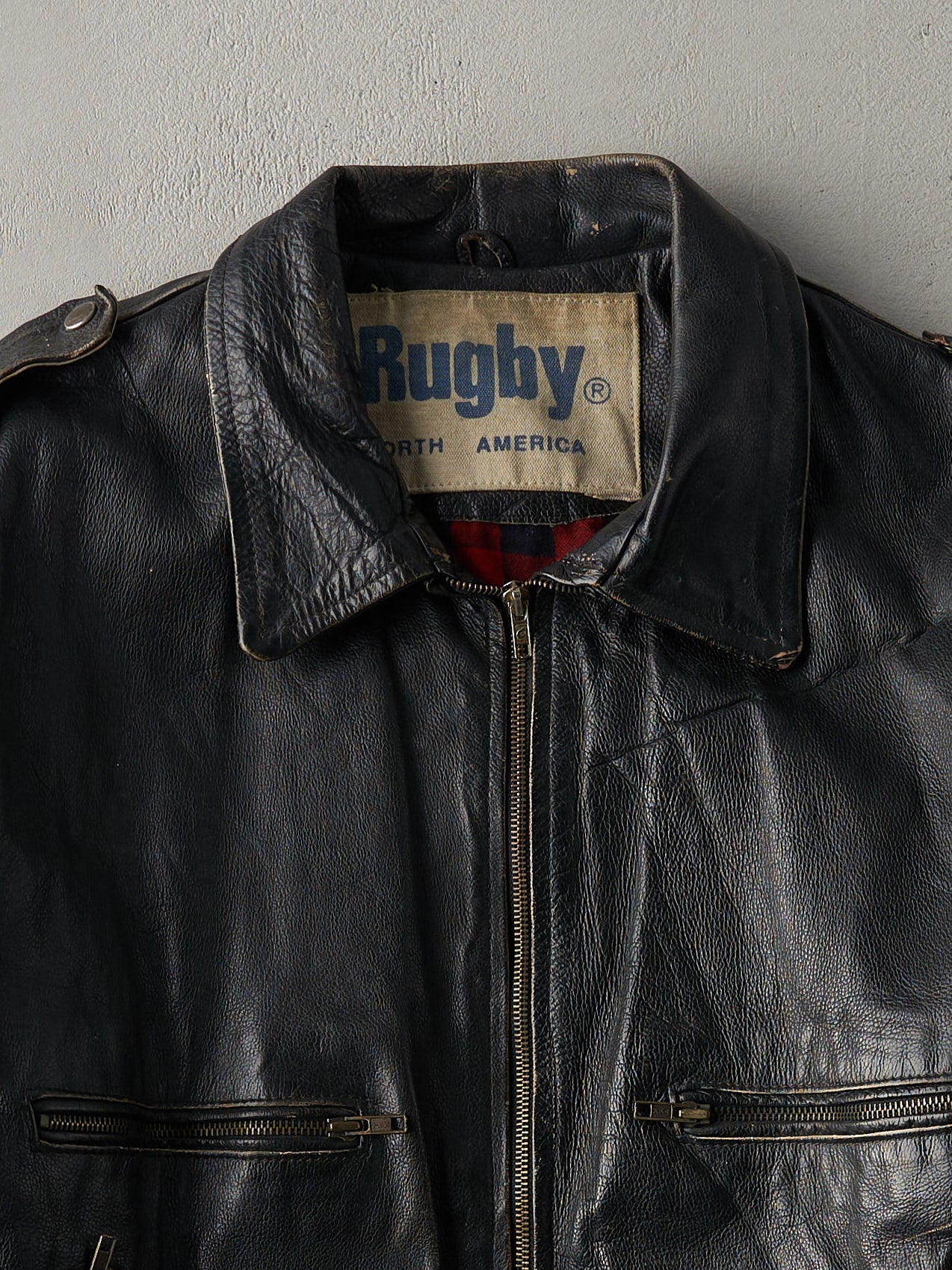 Vintage 80s Black Rugby Flannel Lined Leather Jacket (L) - Image 2