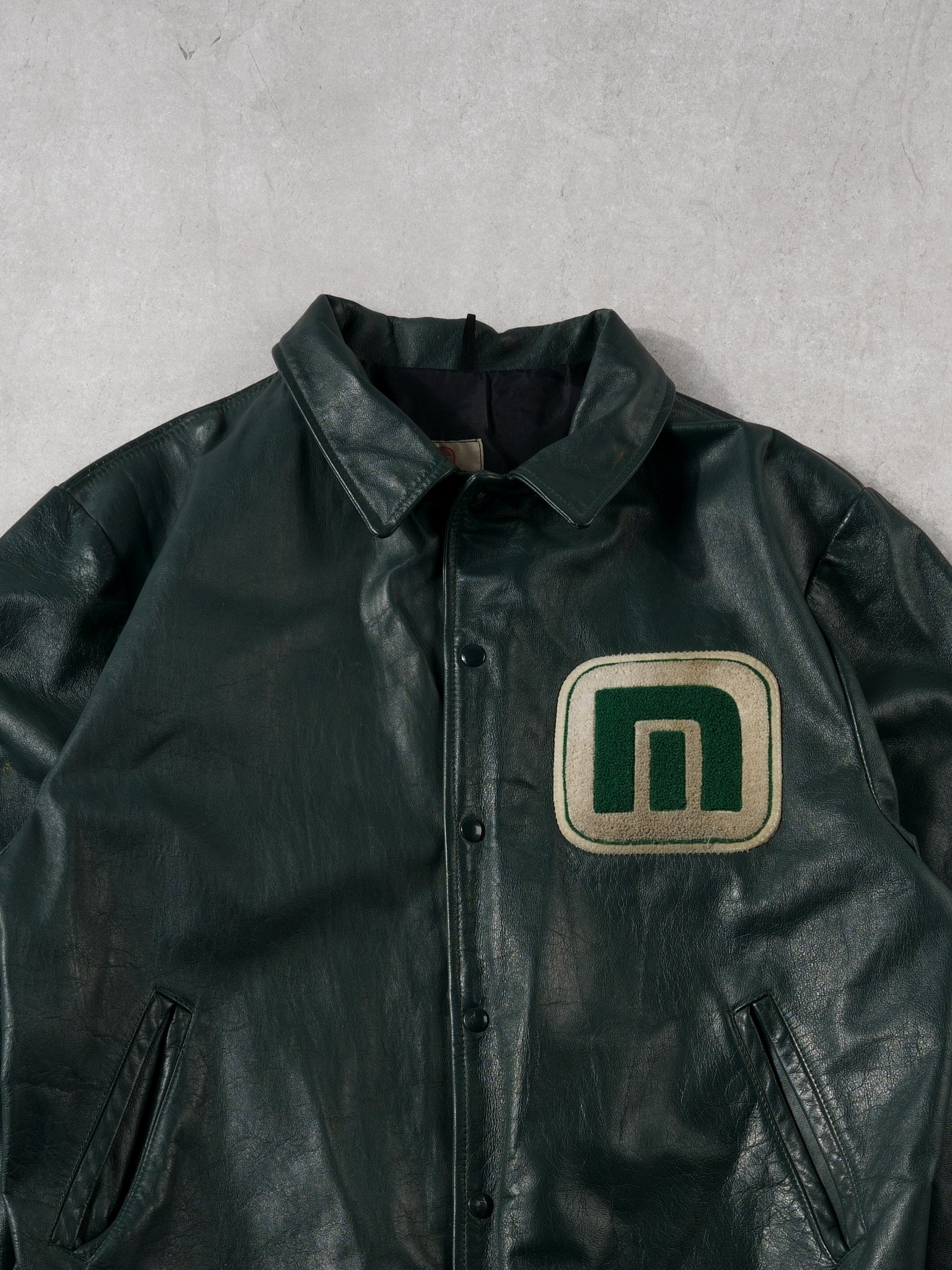 Vintage 70s Dark Green Patch Collared Leather Bomber (M/L) - Image 2