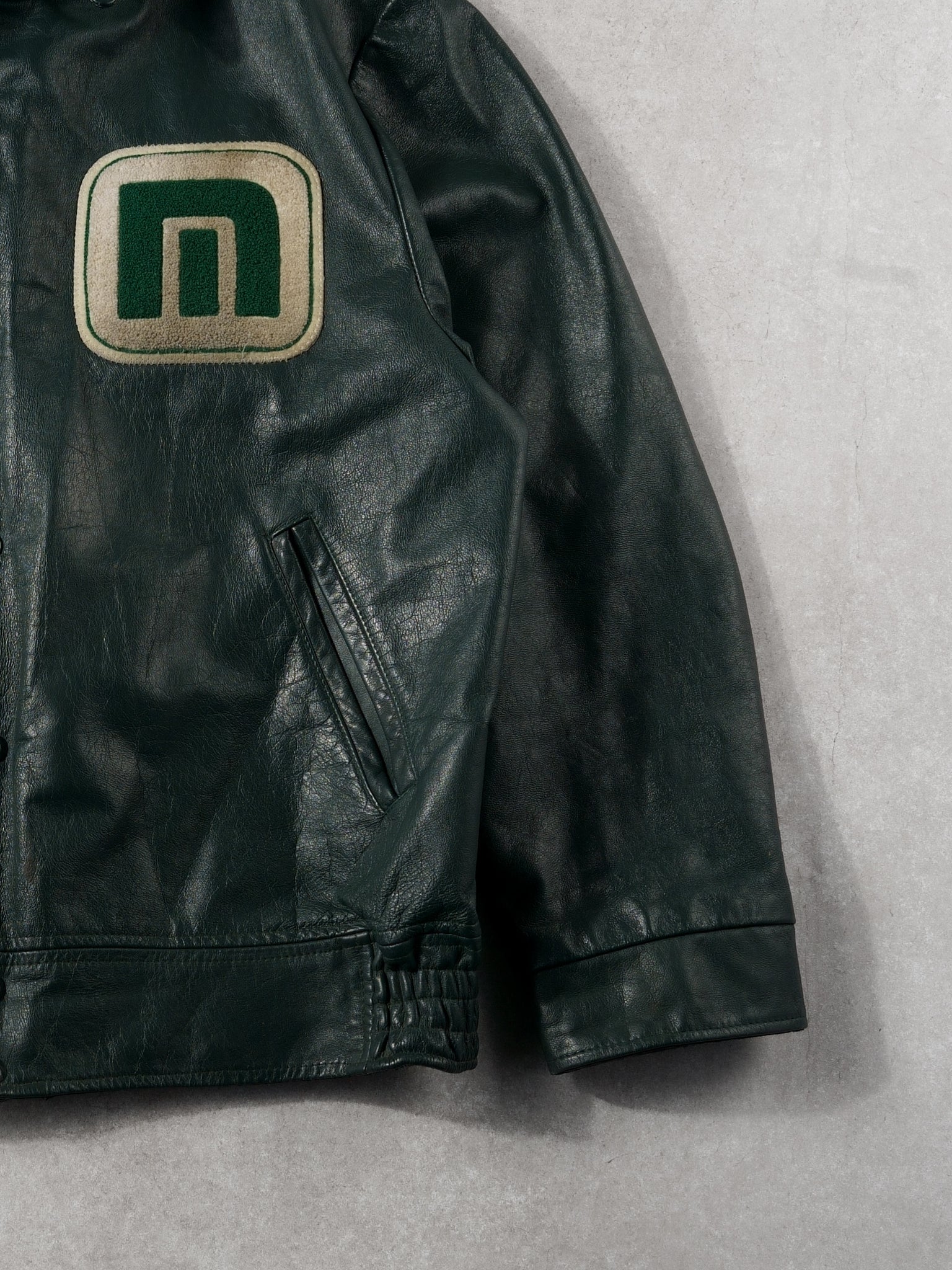 Vintage 70s Dark Green Patch Collared Leather Bomber (M/L) - Image 3