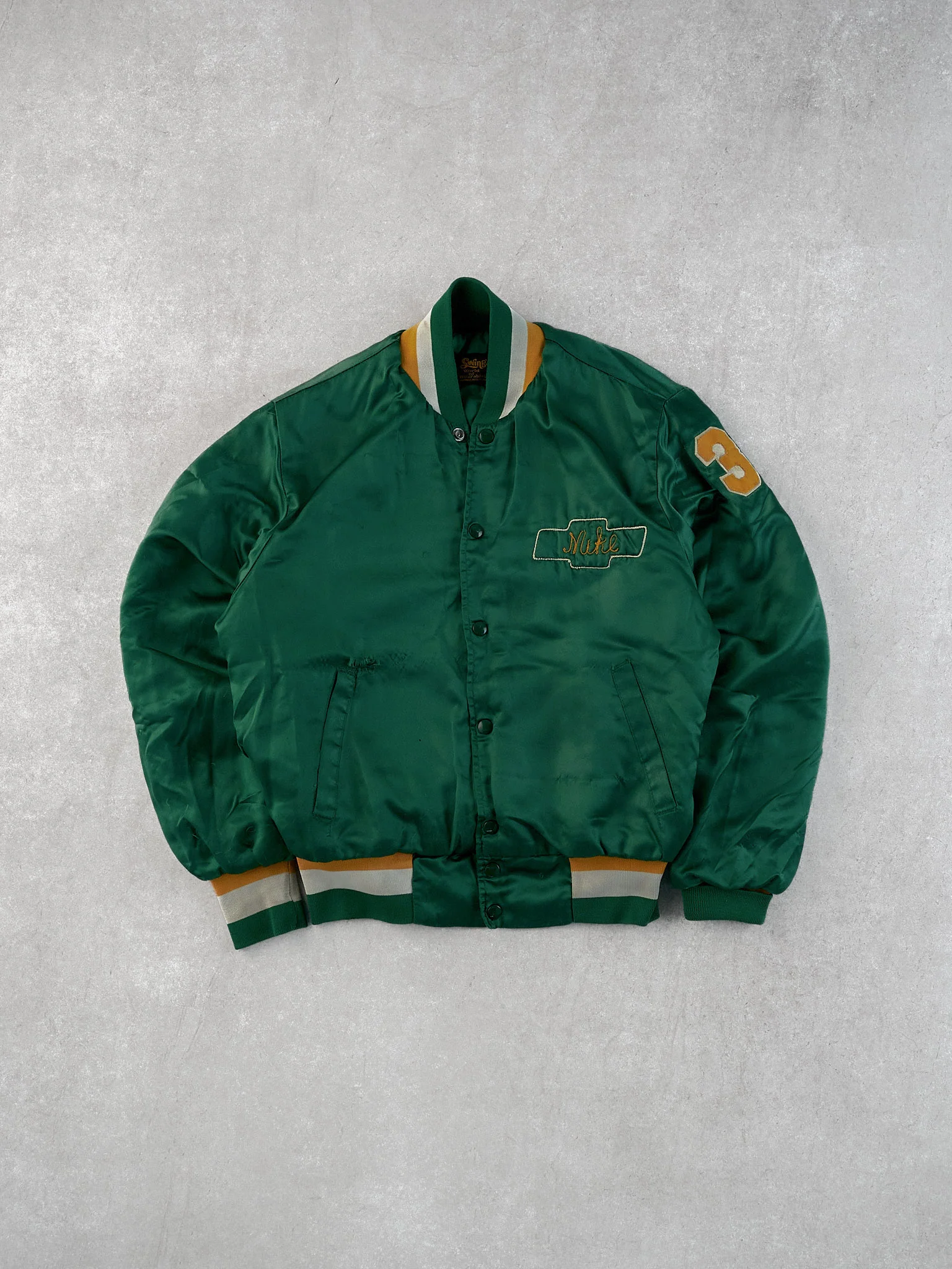 Vintage 70s Green and Yellow Chevrolet Central Office Chain Stitched Stain Bomber Jacket (L)