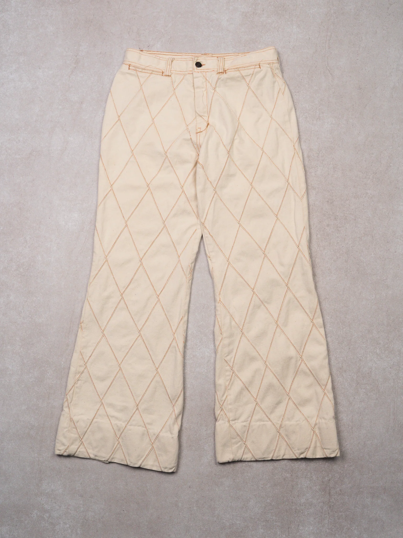 Vintage 70s Wild Oats Cream Diamond Patterned Flared Pants (30 x 30)