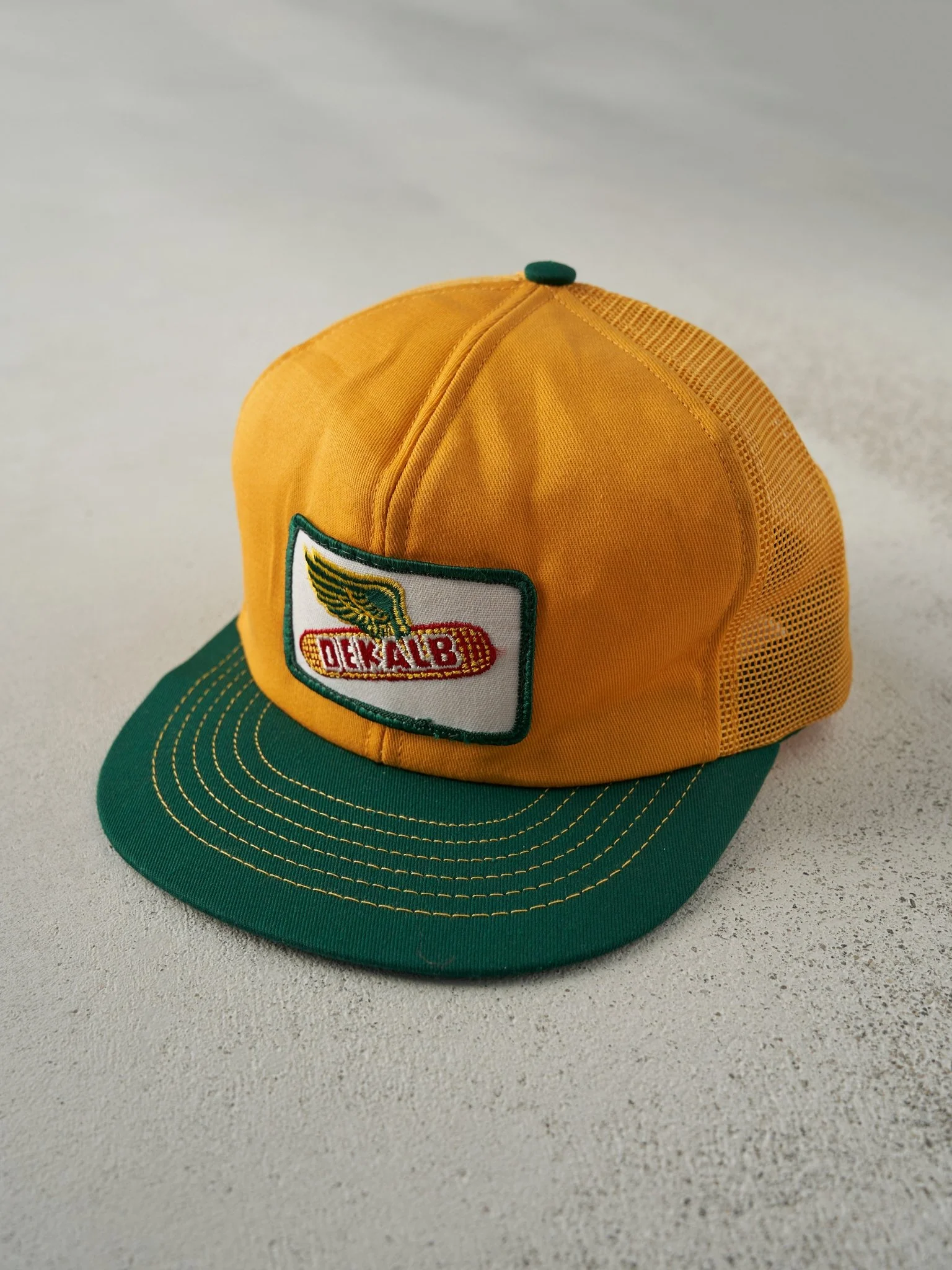 Vintage 70s Yellow & Green Dekalb Logo Foam Trucker Hat - Image 2