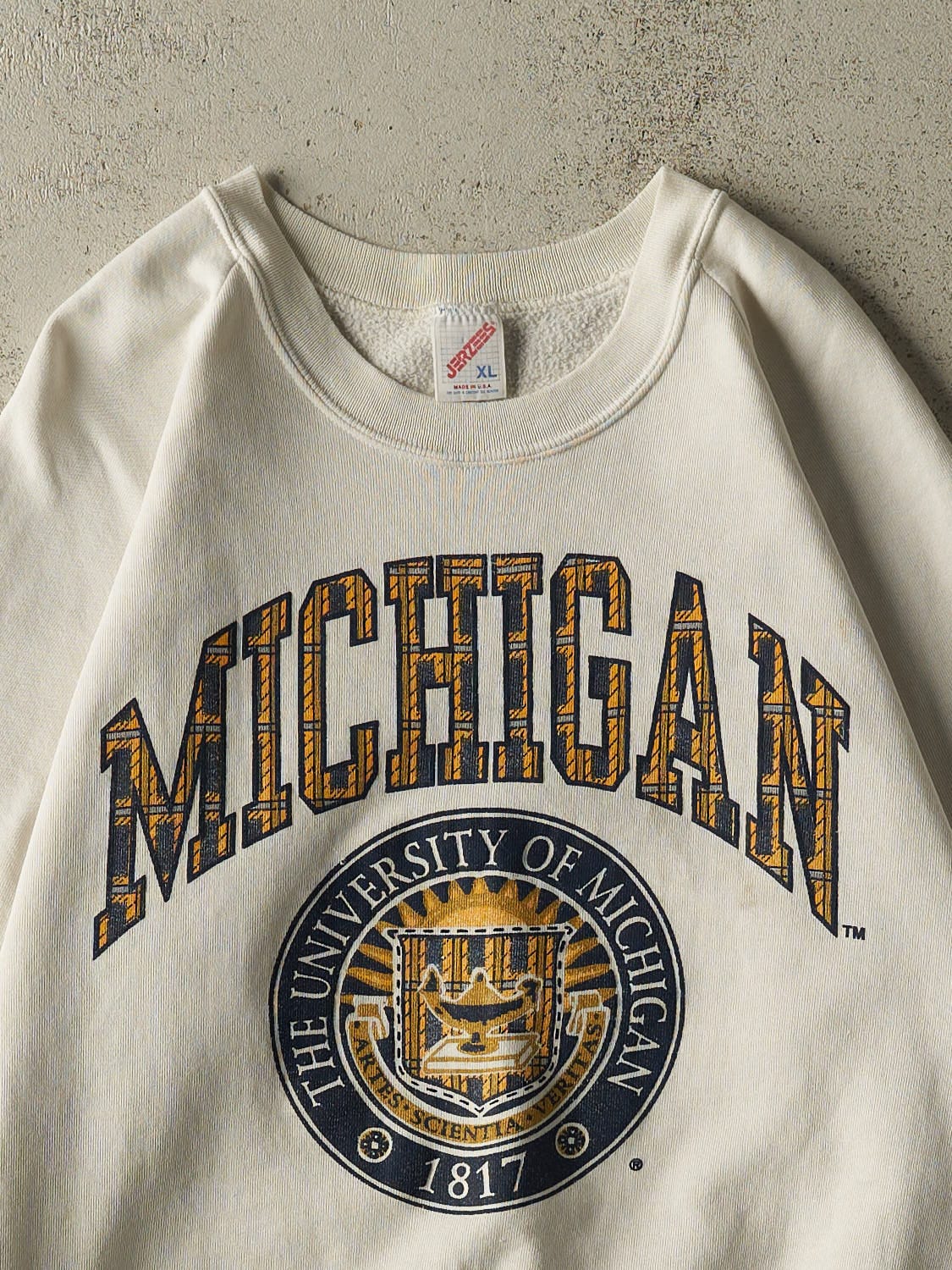 Vintage 80s Beige University of Michigan Crewneck (M) - Image 2