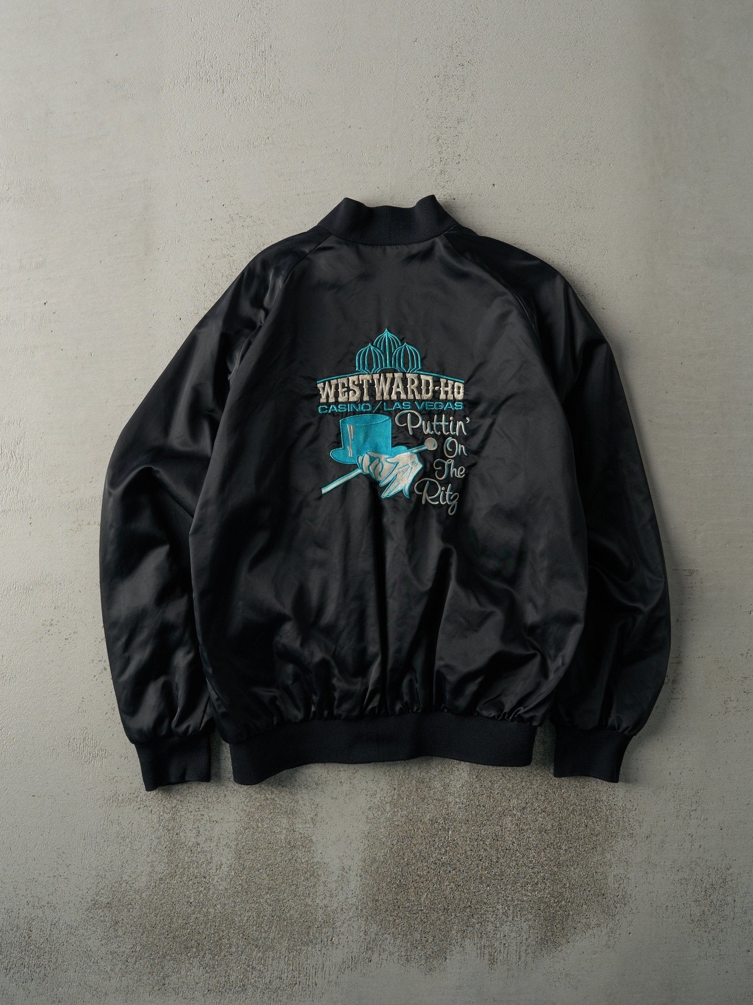 Vintage 80s Black Embroidered Westward-Ho Casino Las Vegas Nylon Bomber Jacket (M/L) - Image 2