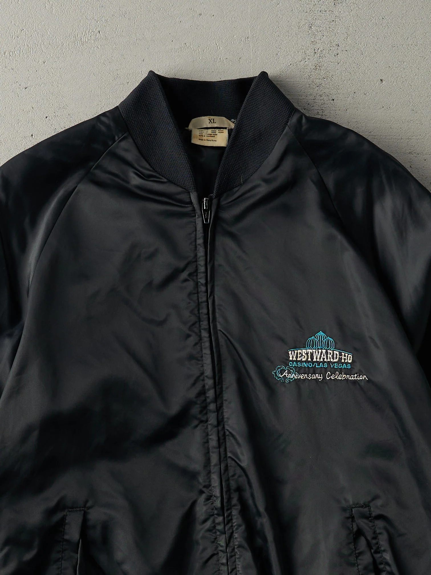 Vintage 80s Black Embroidered Westward-Ho Casino Las Vegas Nylon Bomber Jacket (M/L) - Image 3