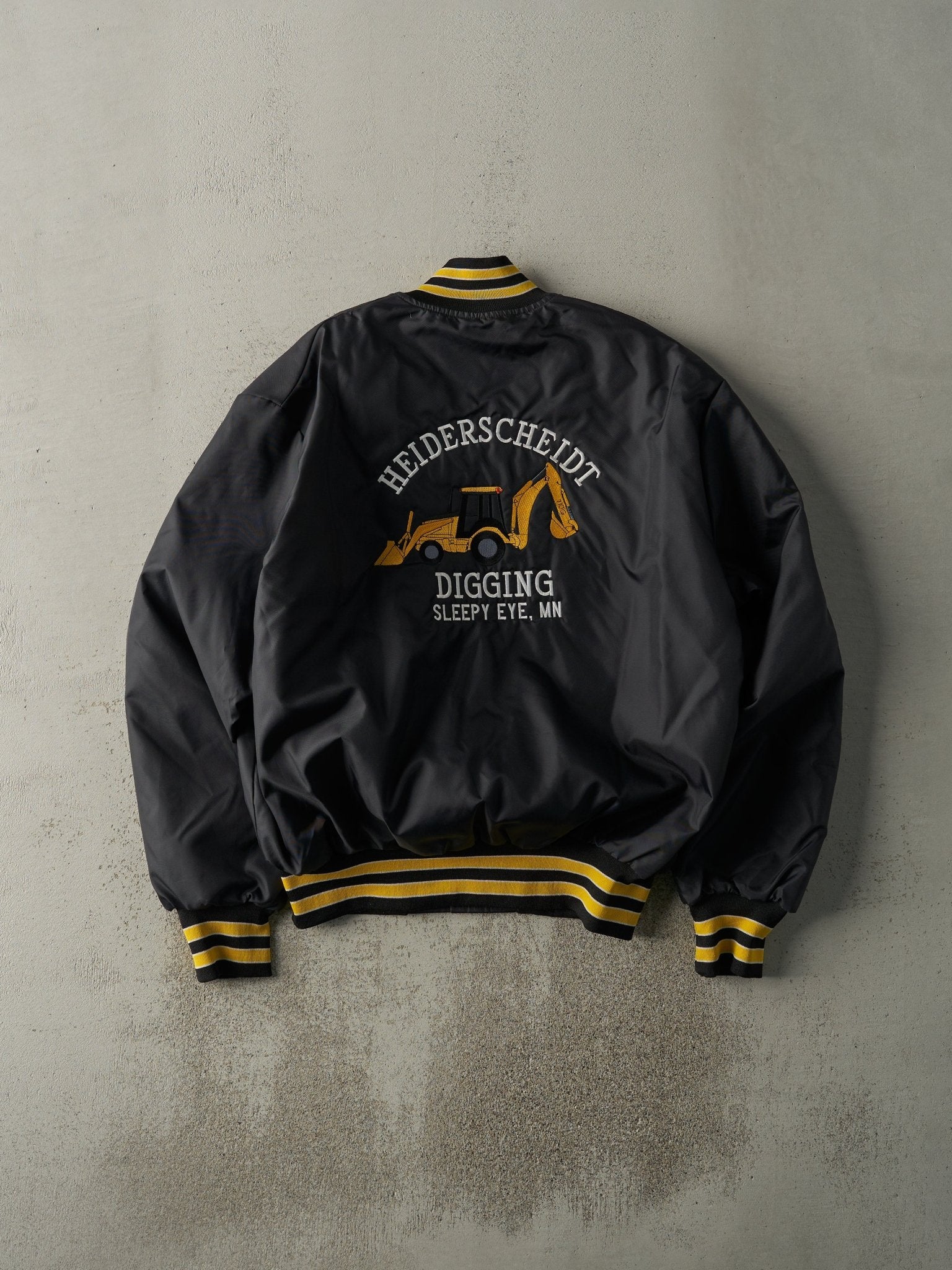 Vintage 80s Black & Yellow Embroidered Heiderscheidt Digging Nylon Bomber Jacket (L) - Image 2