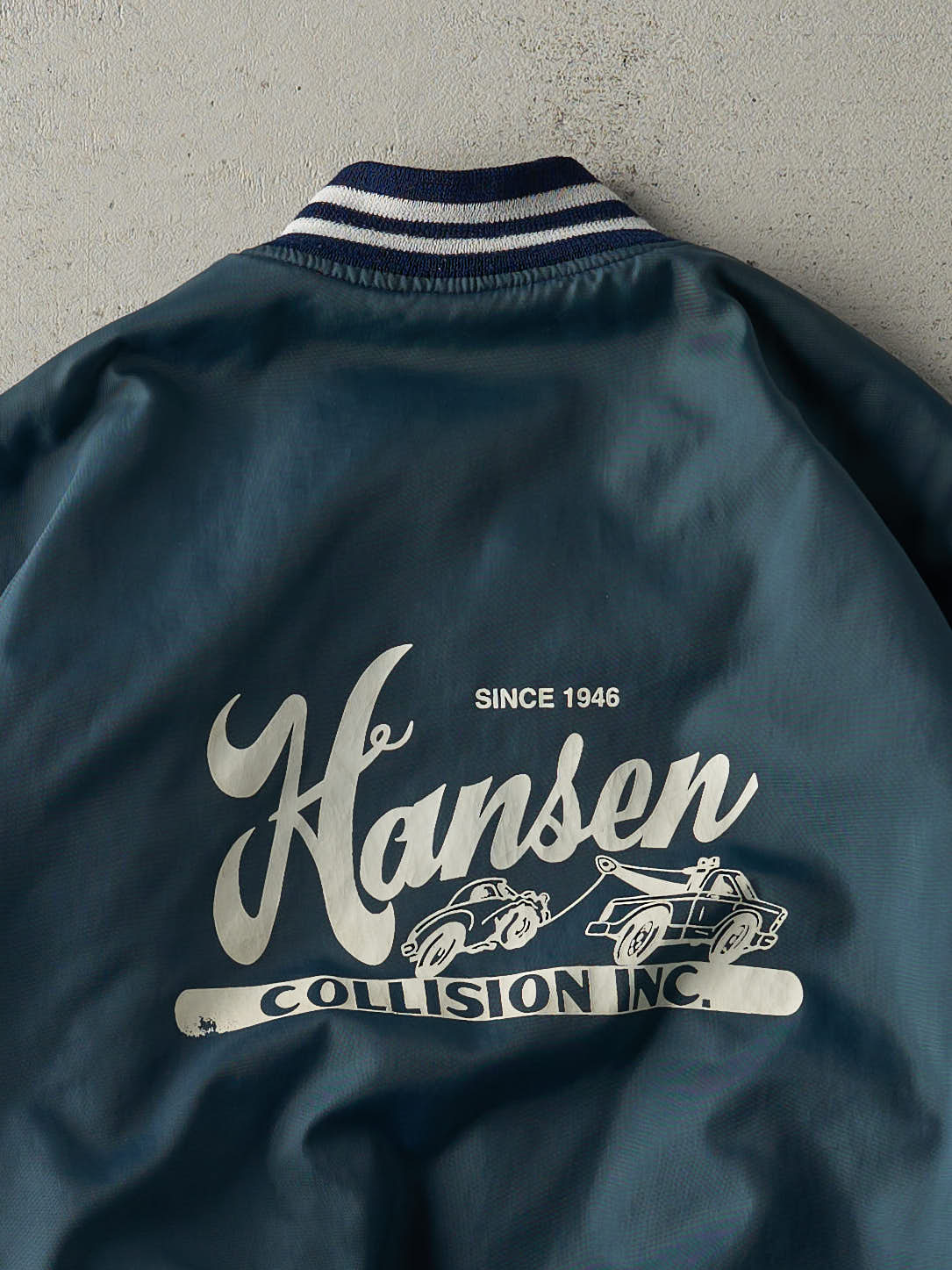 Vintage 80s Blue Hansen Collision Inc Bomber Jacket (XL) - Image 4
