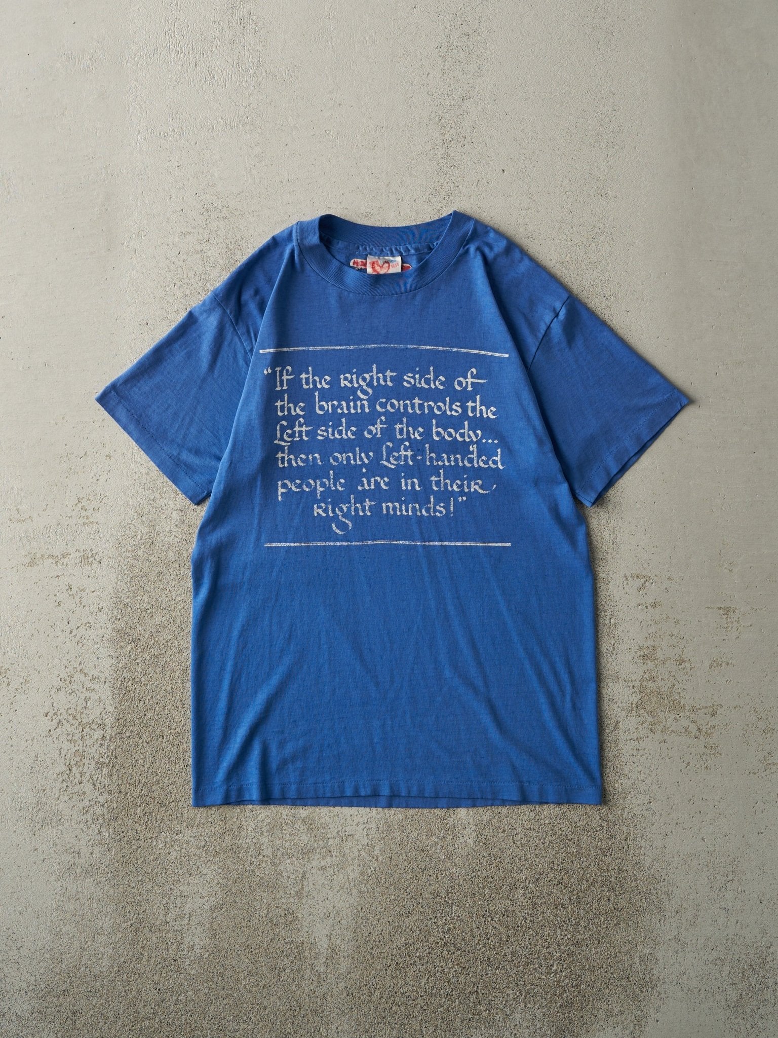 Vintage 80s Blue "Left Handed" Slogan Single Stitch Tee (S/M)