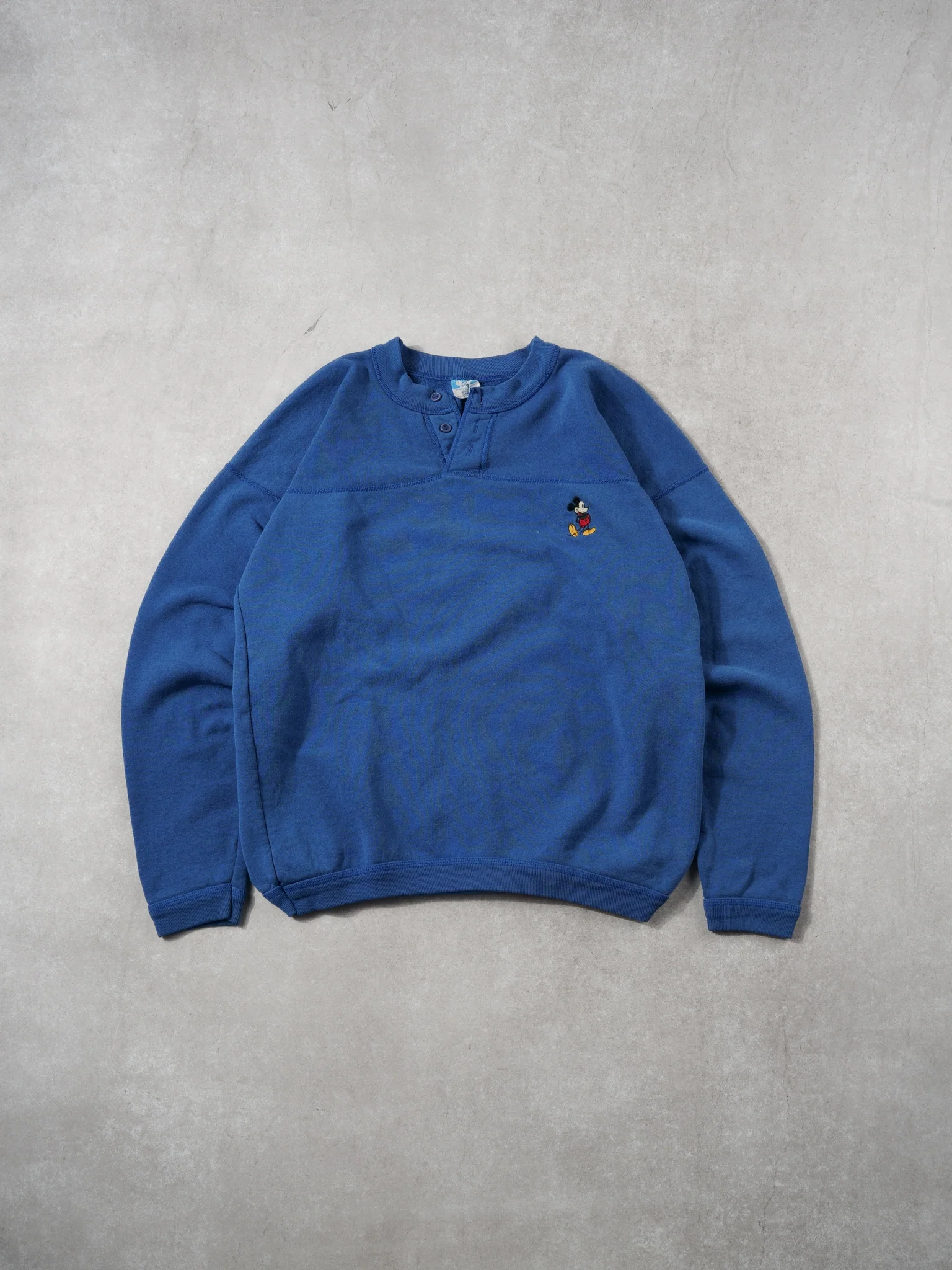 Vintage 80s Blue Mickey Mouse Embroidery Disney Button Up Crewneck (M)