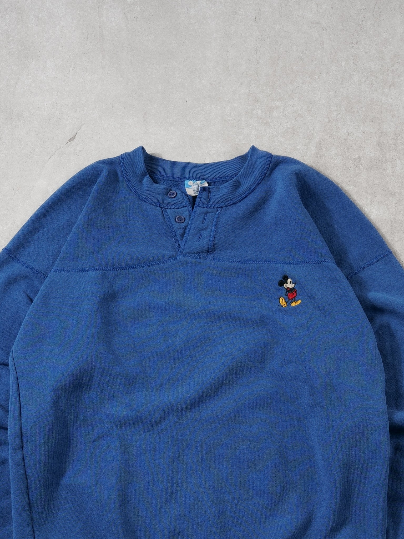Vintage 80s Blue Mickey Mouse Embroidery Disney Button Up Crewneck (M) - Image 2