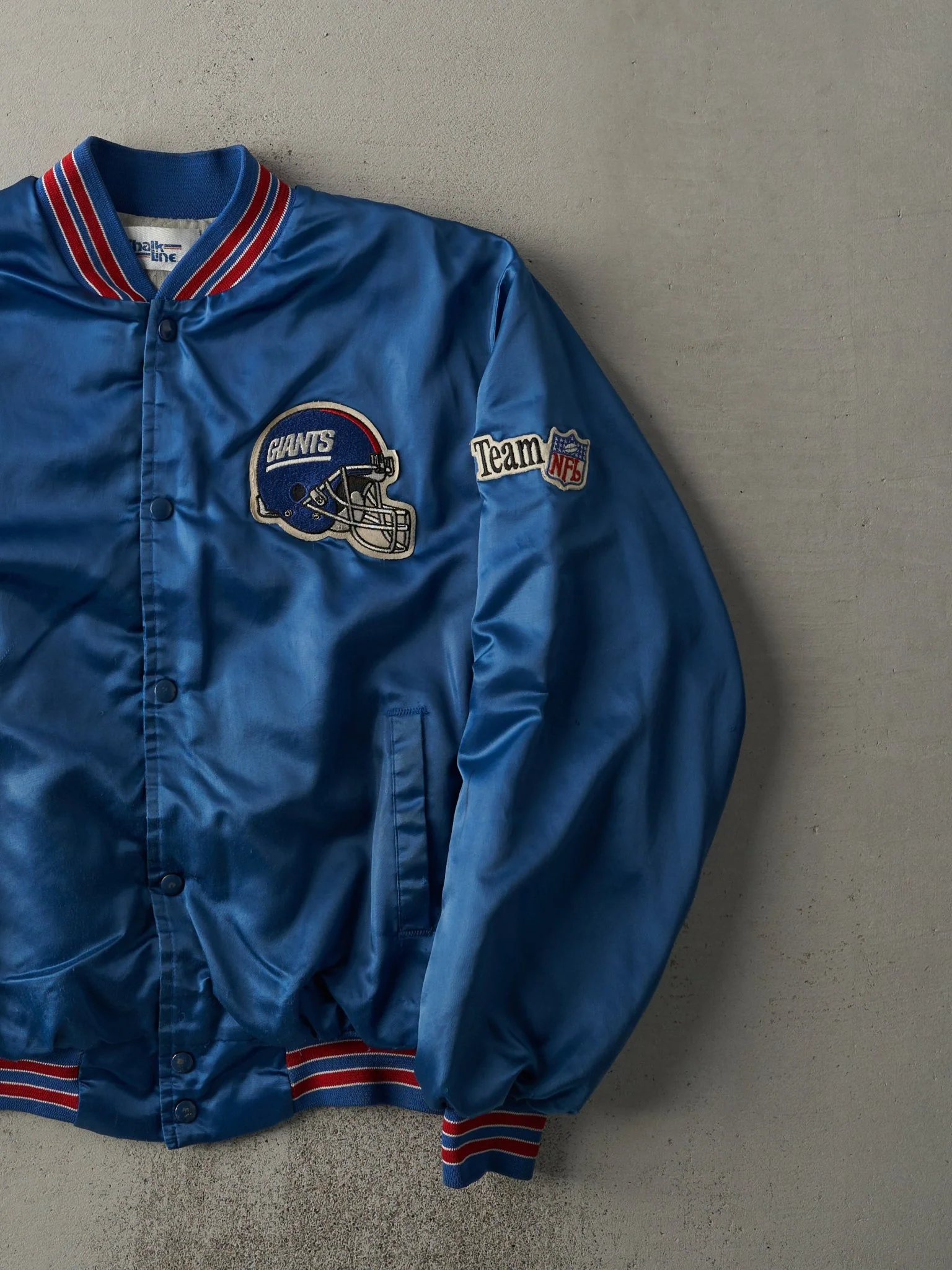 Vintage 80s Blue New York Giants Satin Bomber Jacket (L) - Image 4
