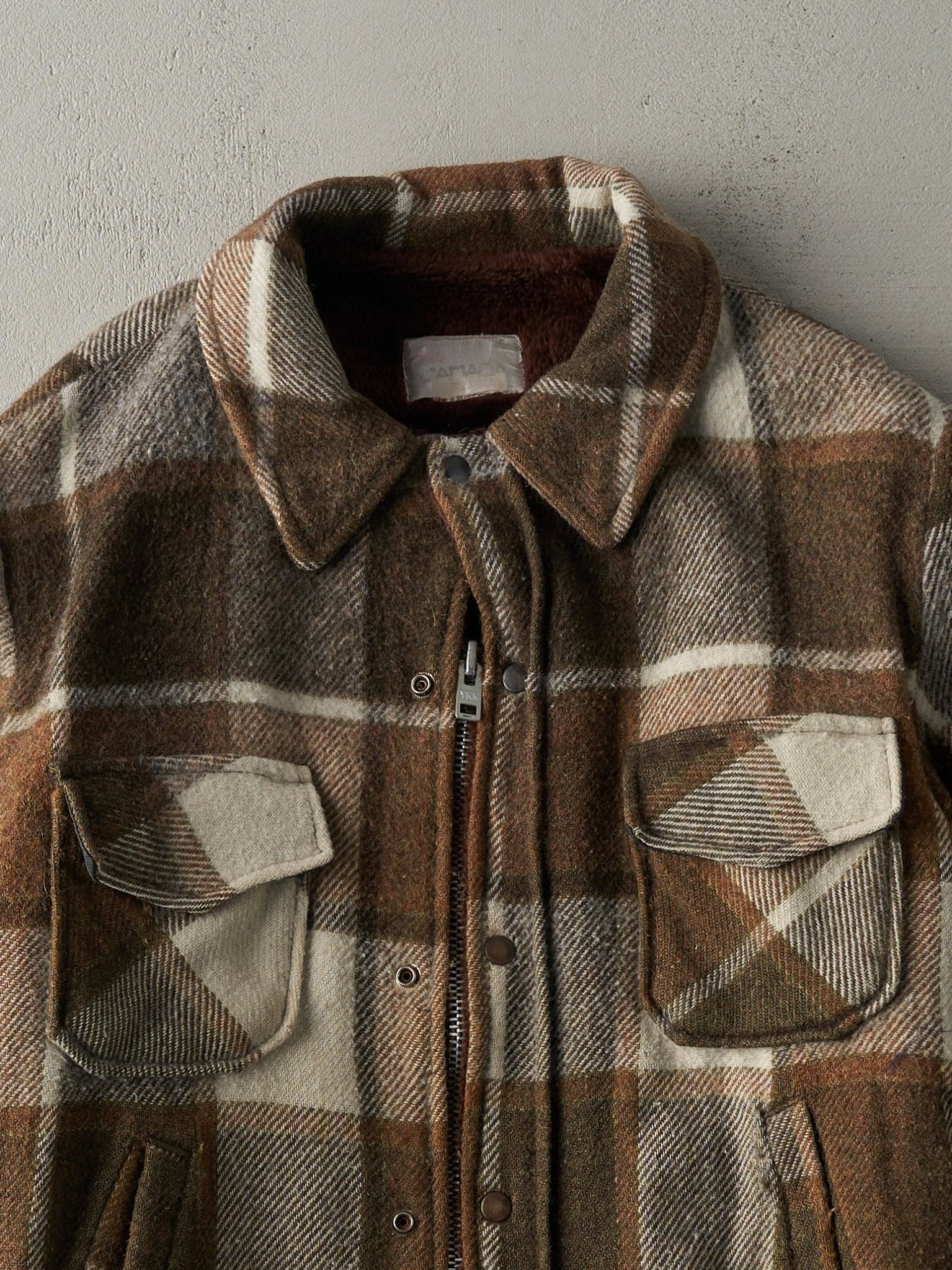 Vintage 80s Brown Fur Lined Zip Up Flannel Jacket (M) - Image 3