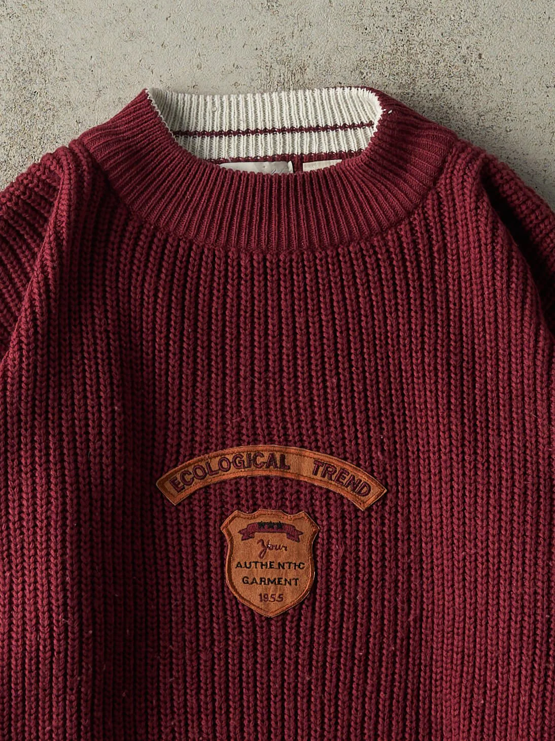 Vintage 80s Burgundy Ecological Trend Knit Pullover (M) - Image 2