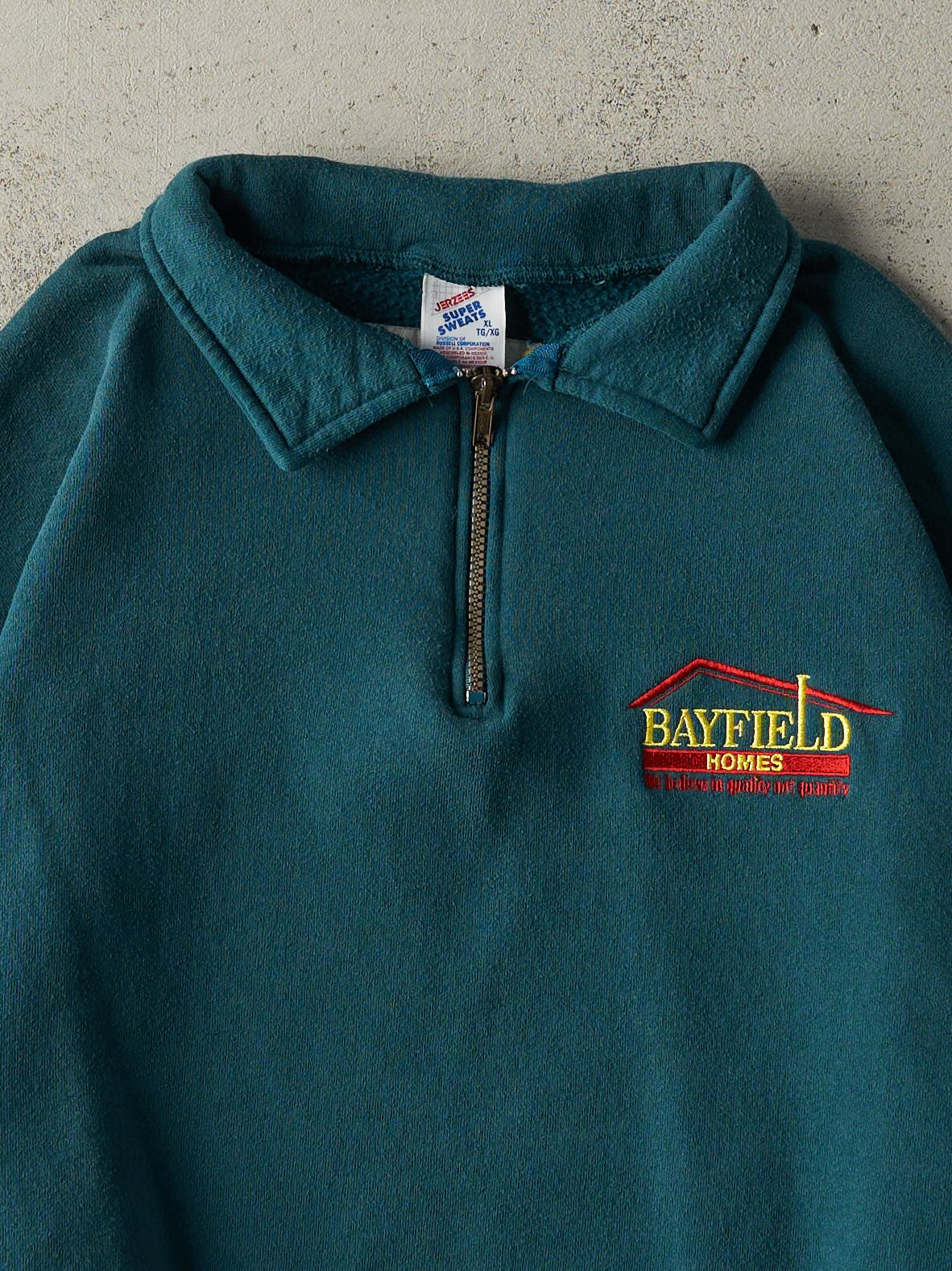 Vintage 80s Deep Teal Embroidered Quarter Zip Sweatshirt (L) - Image 2