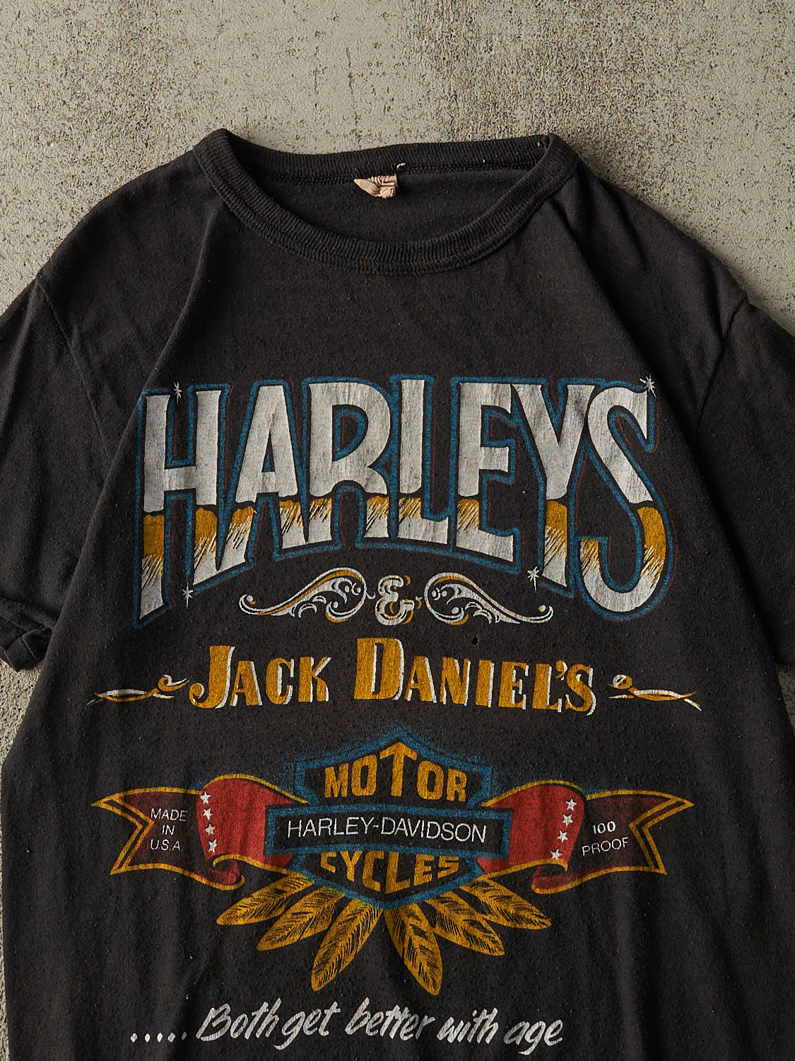 Vintage 80s Faded Black RARE Harley Davidson x Jack Daniels Single Stitch Tee (XS/S) - Image 3