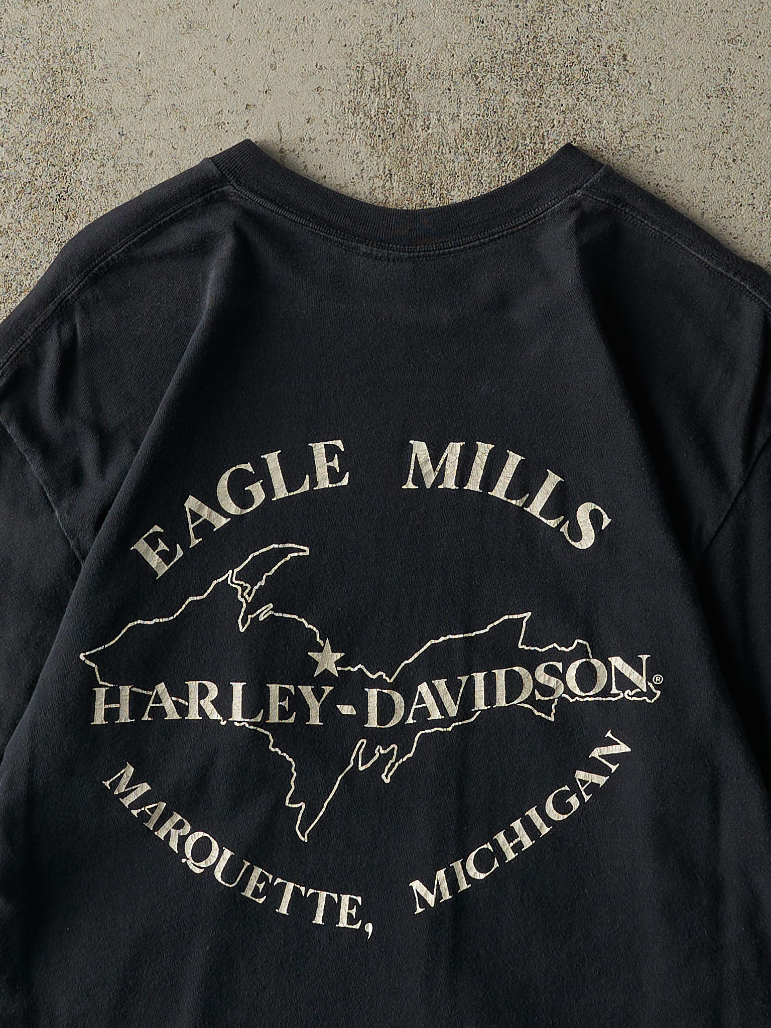 Vintage 80s Faded Black Marquette, MI Embroidered Harley Davidson Pocket Tee (S/M) - Image 4