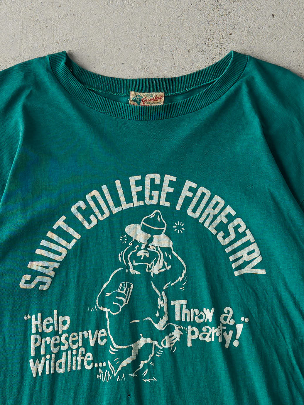 Vintage 80s Green Sault College Forestry Slogan Single Stitch Tee (S/M) - Image 2