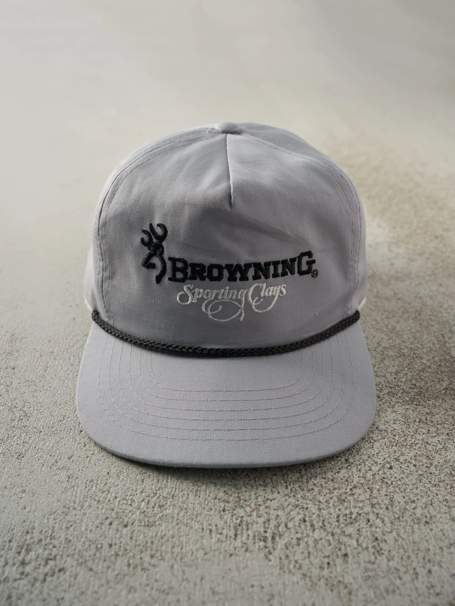 Vintage 80s Grey Embroidered Browning Leather Strapback Hat