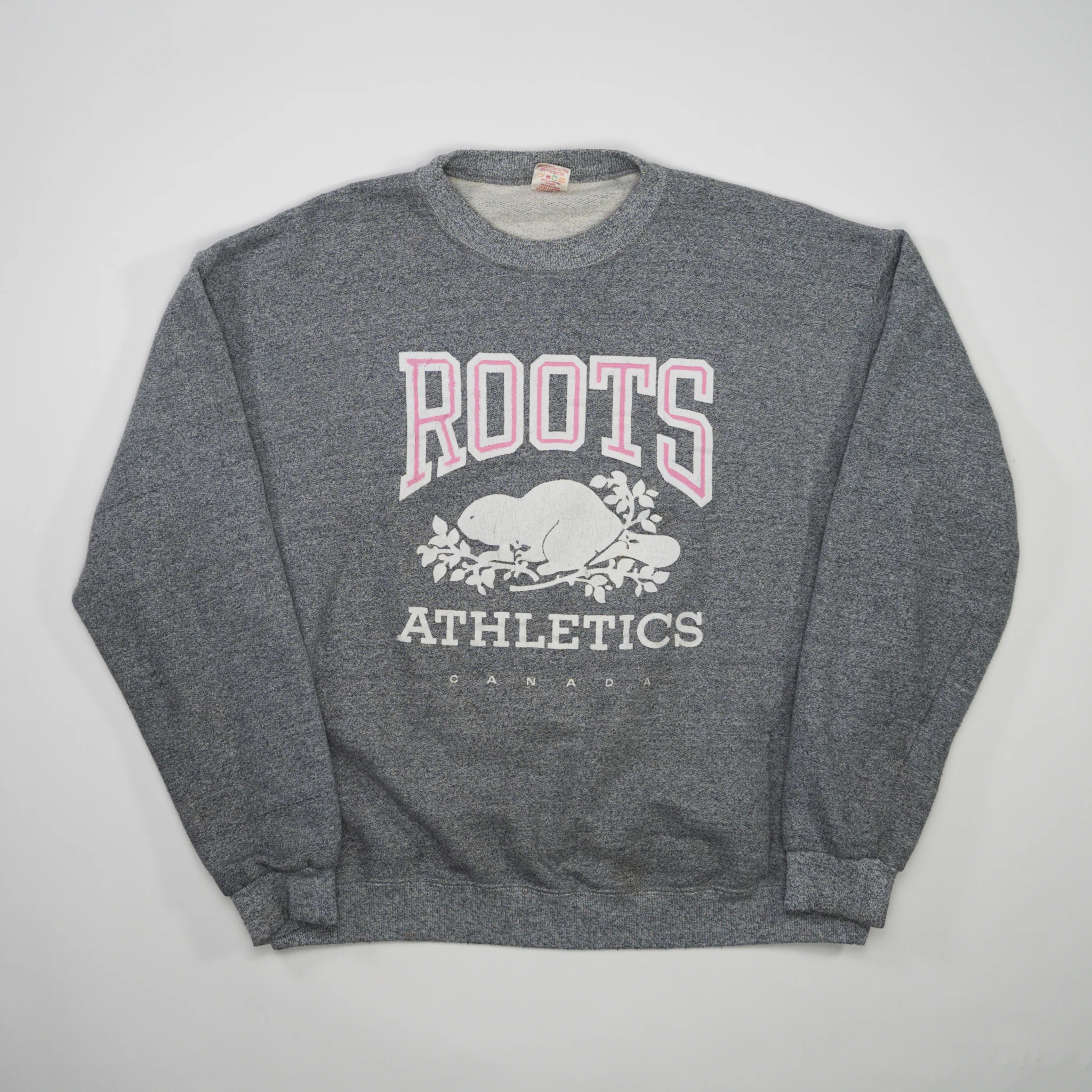 Vintage 80s Grey + Pink Roots Athletics Crewneck (L)