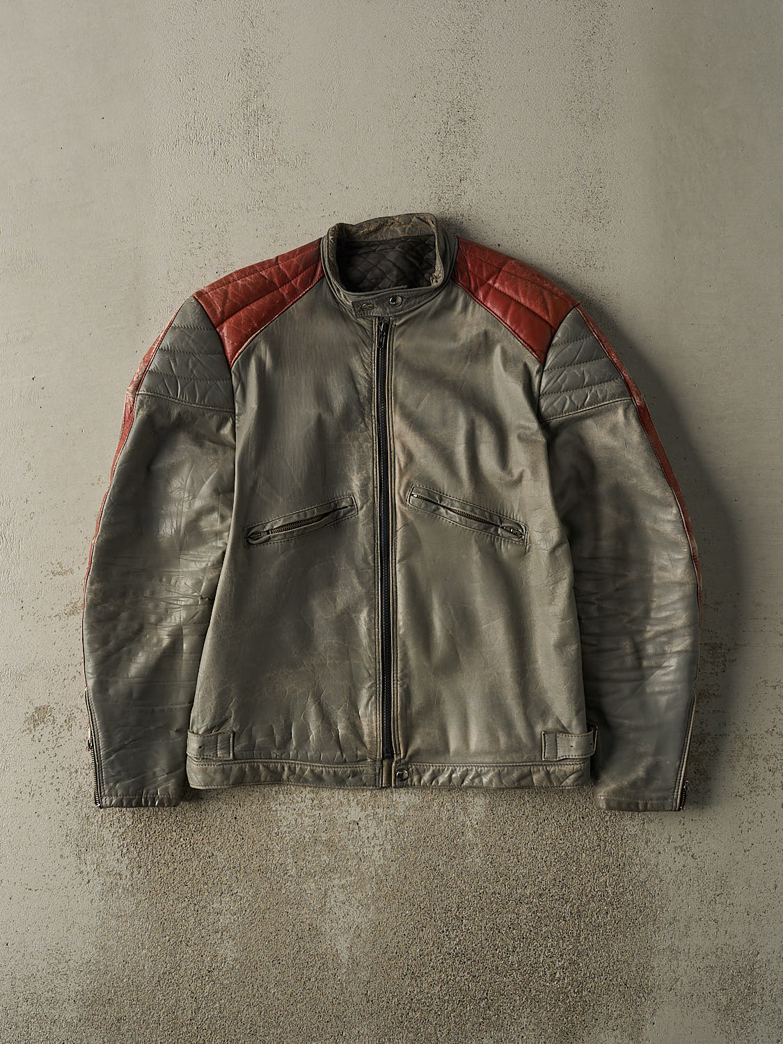 Vintage 80s Grey & Red Leather Biker Jacket (S/M)