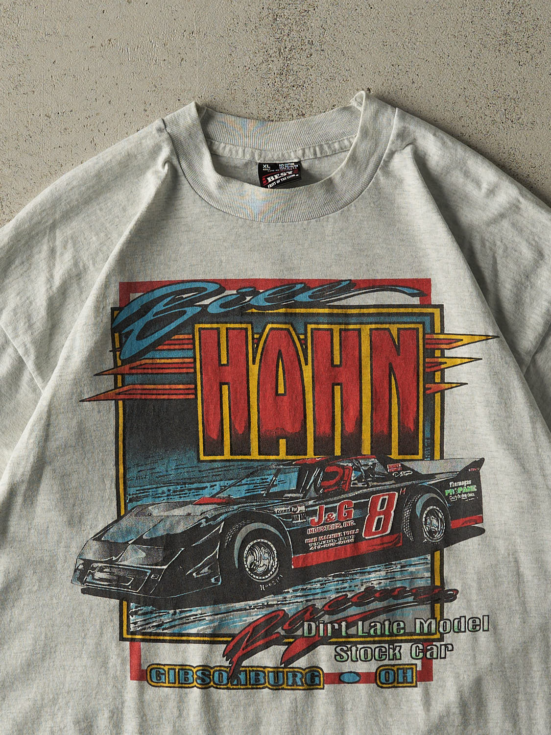 Vintage 80s Heather Grey Bill Hahn Racing Single Stitch Tee (L/XL) - Image 3