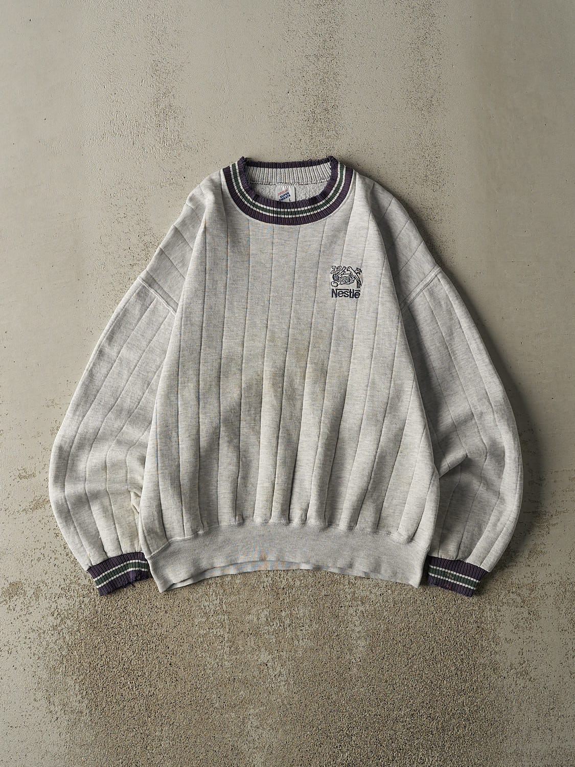 Vintage 80s Heather Grey Nestle Embroidered Ribbed Crewneck (M)