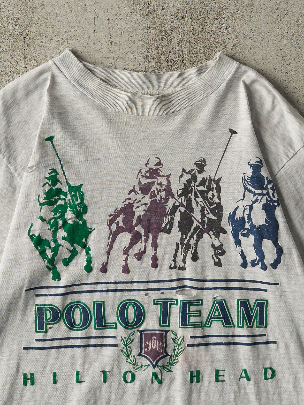Vintage 80s Heather Grey Polo Team Single Stitch Tee (S/M) - Image 2