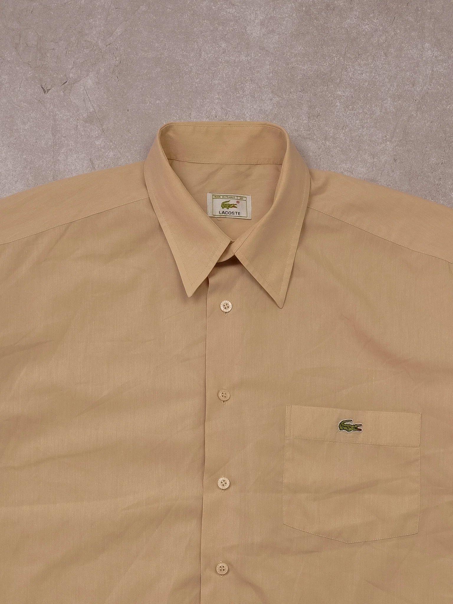 Vintage 80s Lacoste Beige Collared Short Sleeve Button Up (L) - Image 2
