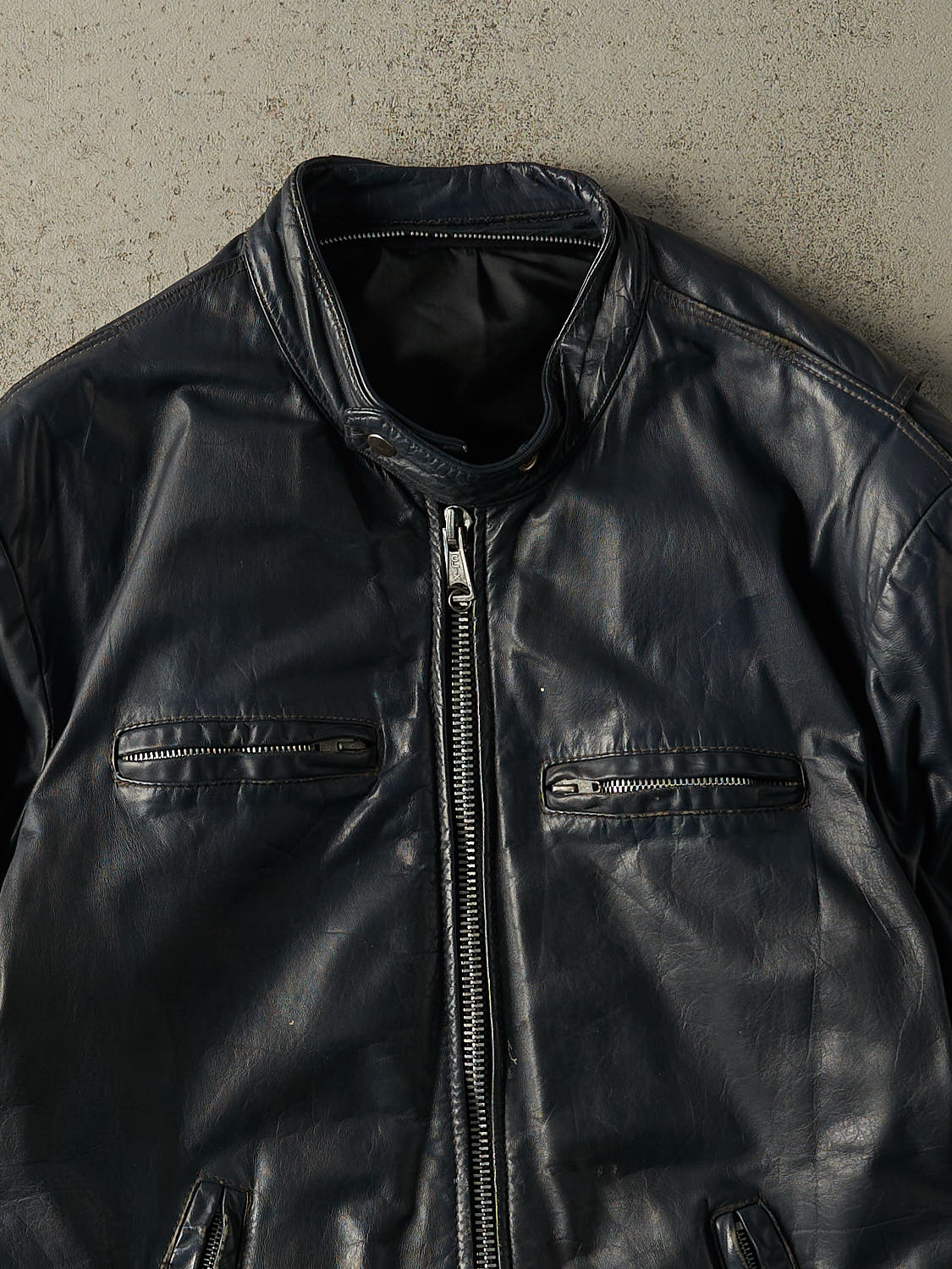 Vintage 80s Navy Blue Biker Leather Jacket (M/L) - Image 3