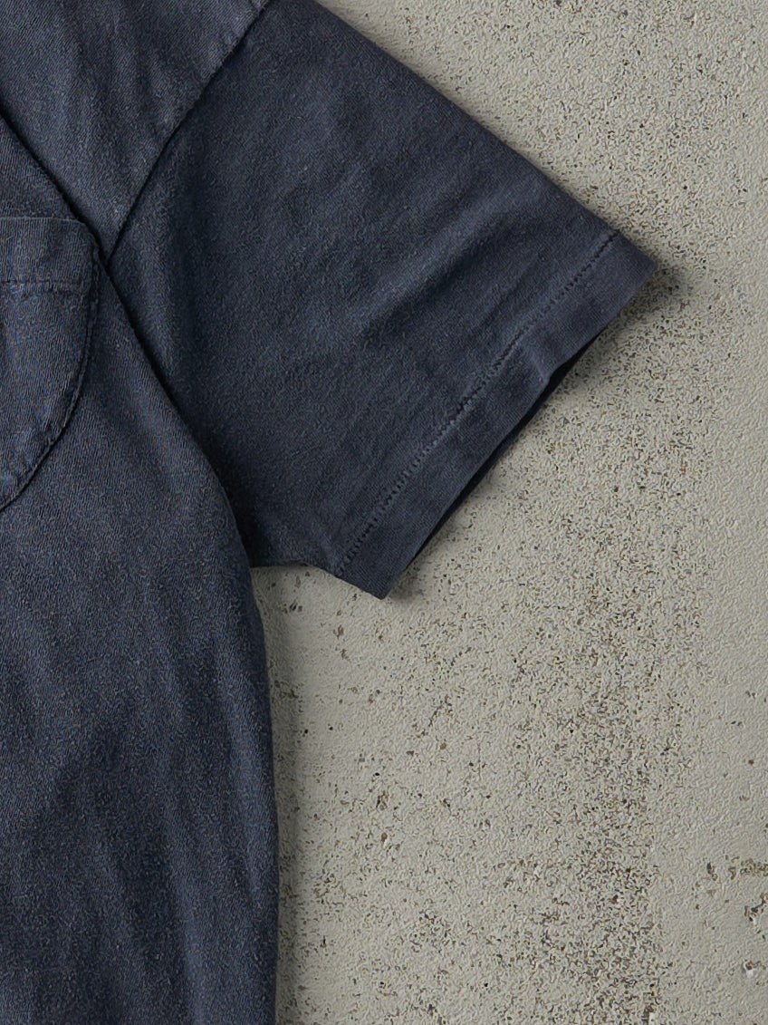 Vintage 80s Navy Blue Blank Single Stitch Pocket Tee (XS) - Image 3
