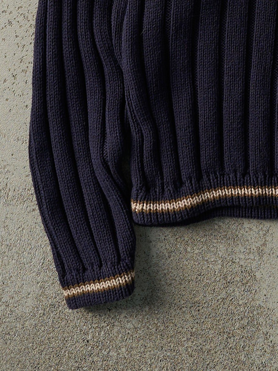 Vintage 80s Navy Blue Chunky Knit V-Neck Sweater (L) - Image 3