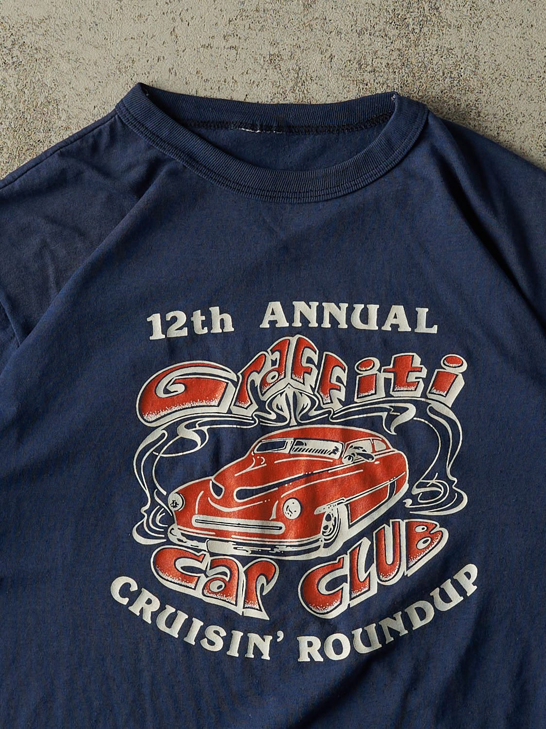 Vintage 80s Navy Blue Graffiti Car Club Ringer Tee (S/M) - Image 2