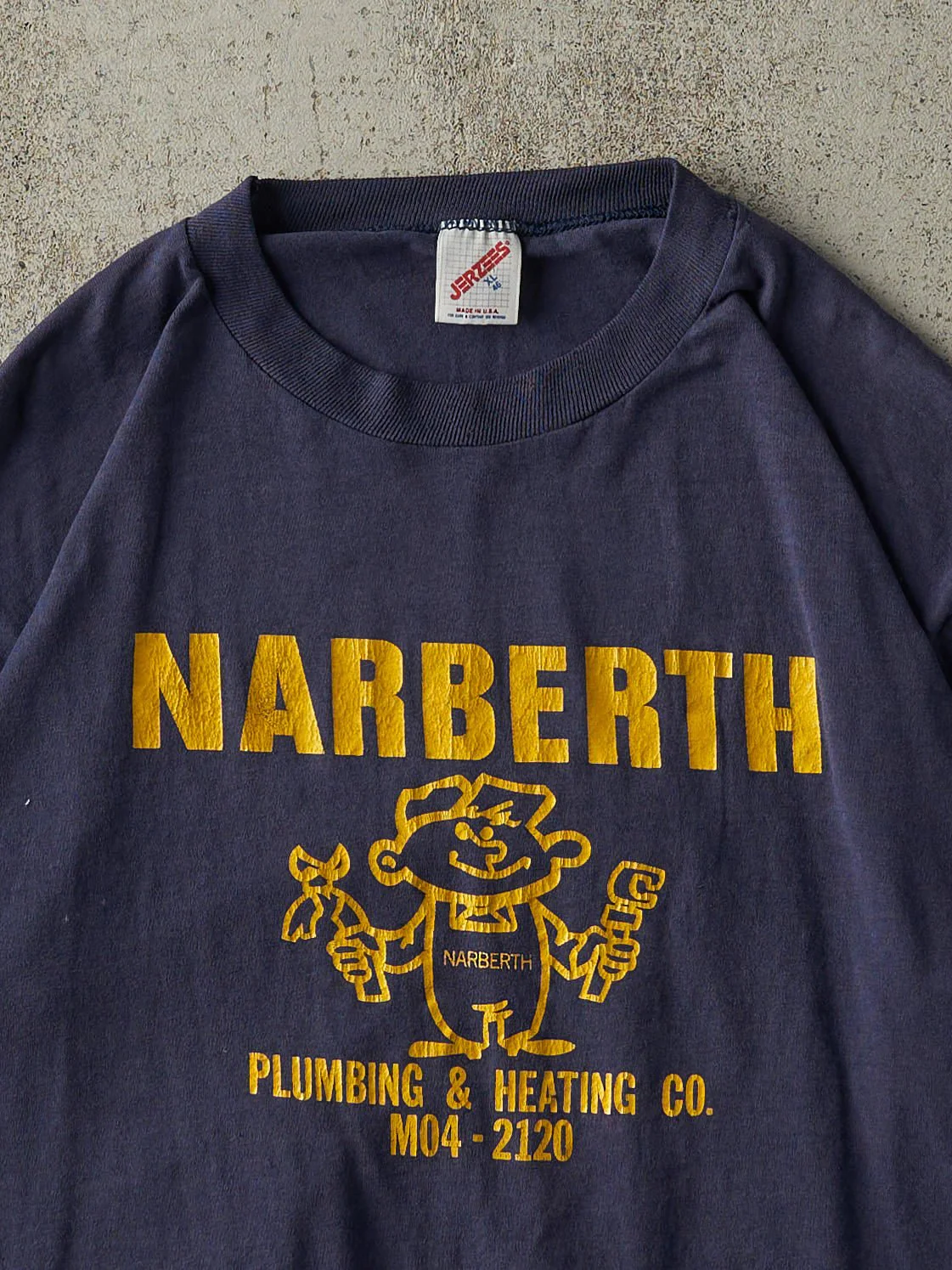 Vintage 80s Navy Blue Narberth Plumbing Single Stitch Tee (L) - Image 2