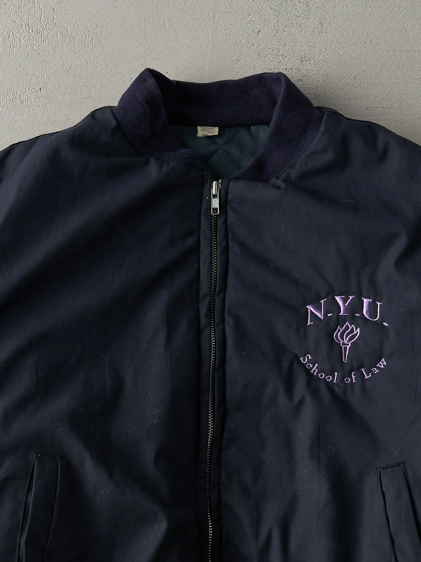Vintage 80s Navy Blue NYU School of Law Bomber Jacket (L) - Image 2