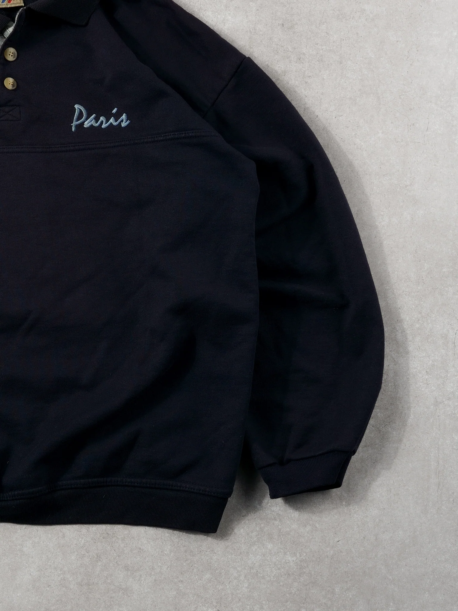 Vintage 80s Navy Blue Paris 1/4 Button Sweatshirt (L) - Image 3