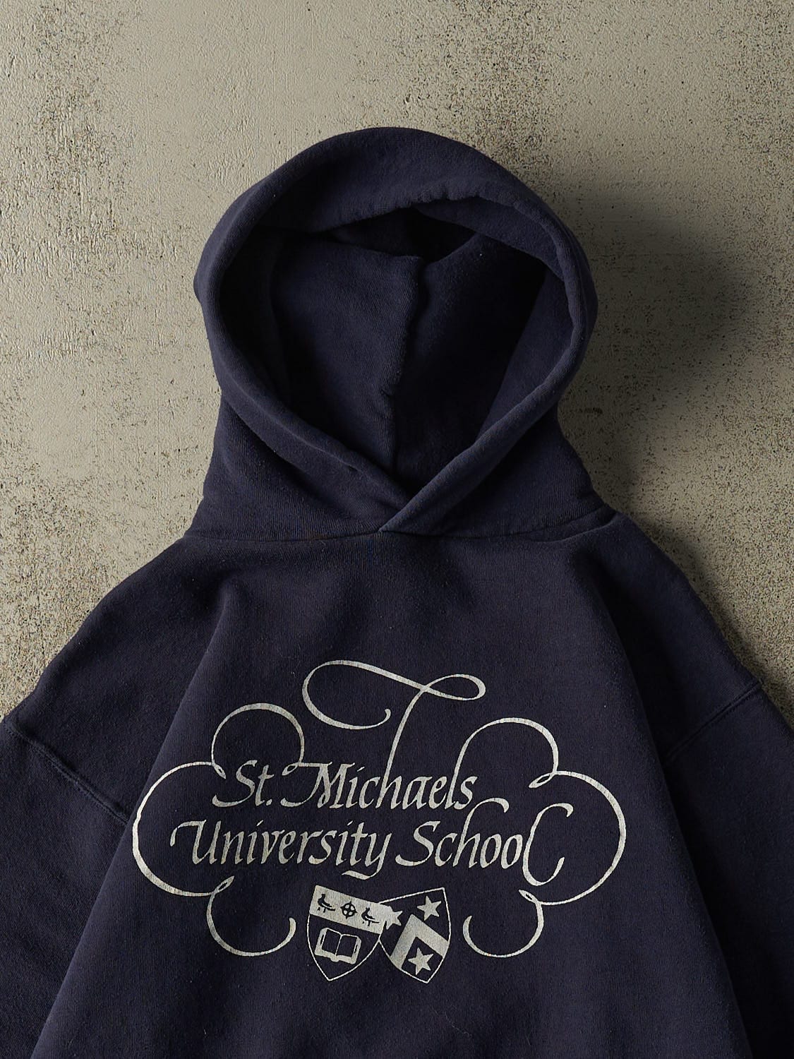 Vintage 80s Navy Blue Russell Athletic St. Michaels University Hoodie (S/M) - Image 2
