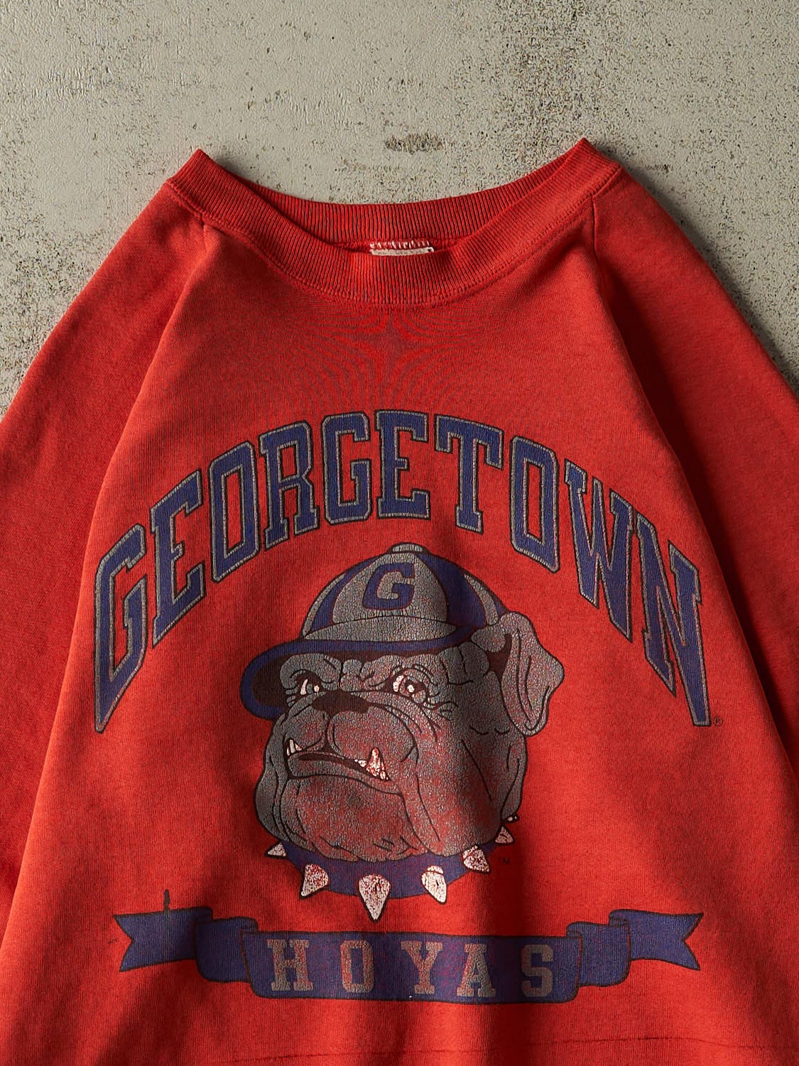 Vintage 80s Sun Faded Red Georgetown University Hoyas Crewneck (L/XL) - Image 2