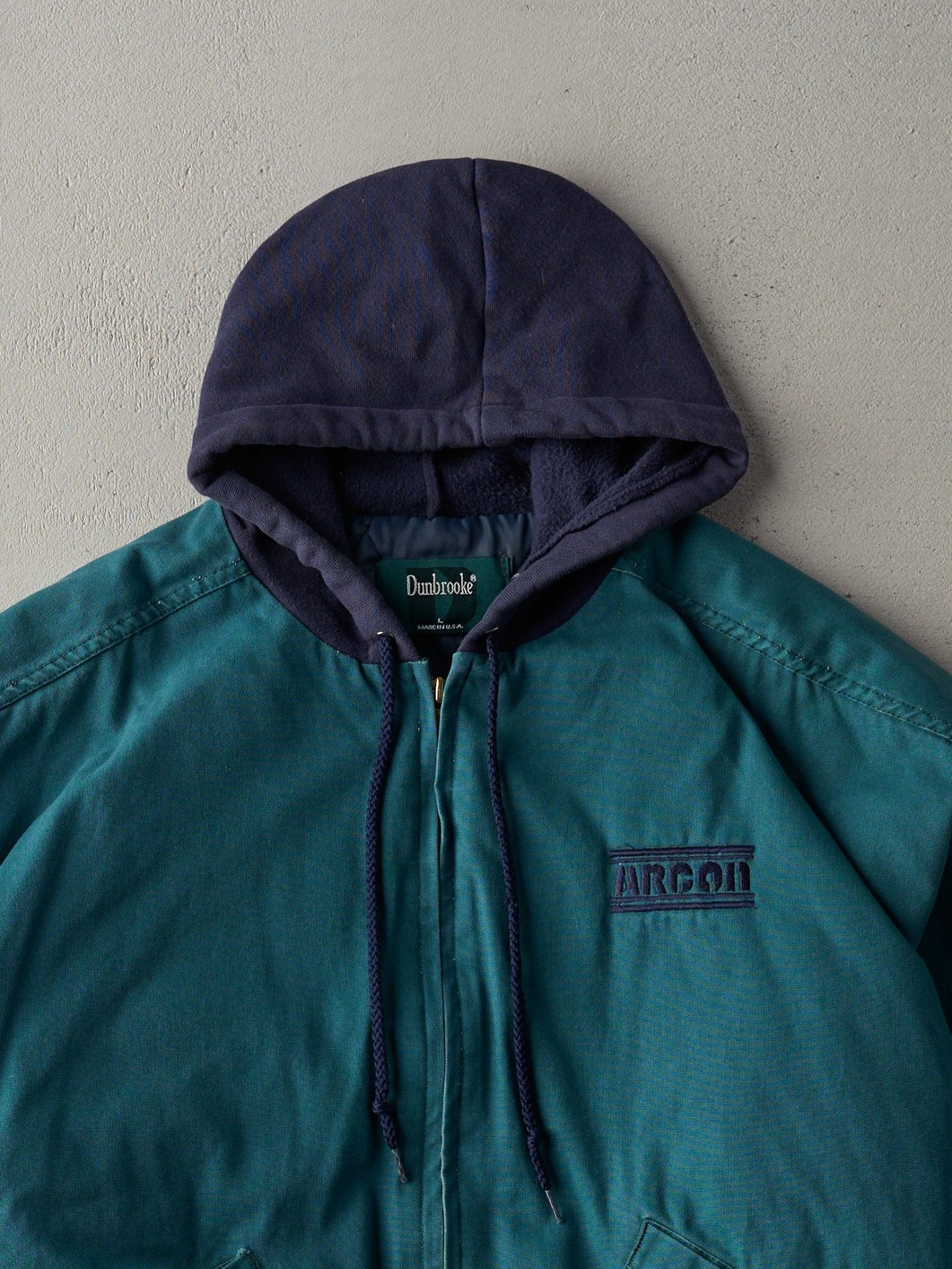Vintage 80s Teal Arcon Embroidered Logo Hooded Work Jacket (M) - Image 2