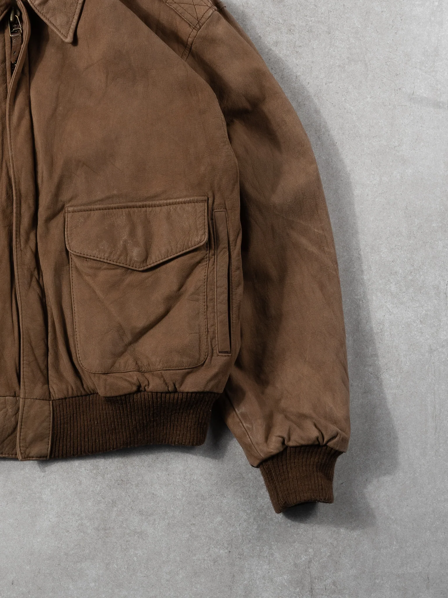 Vintage 80s Washed Brown Leather Bomber Jacket (M) - Image 3